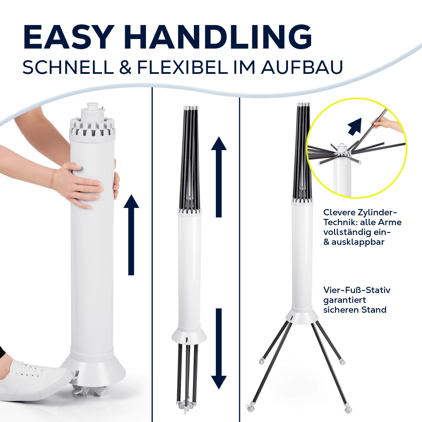 Fächer-Wäscheständer 800 mit 16 ausklappbaren Armen und Vier-Fuß-Stativ für flexiblen und sicheren Trockenstand.