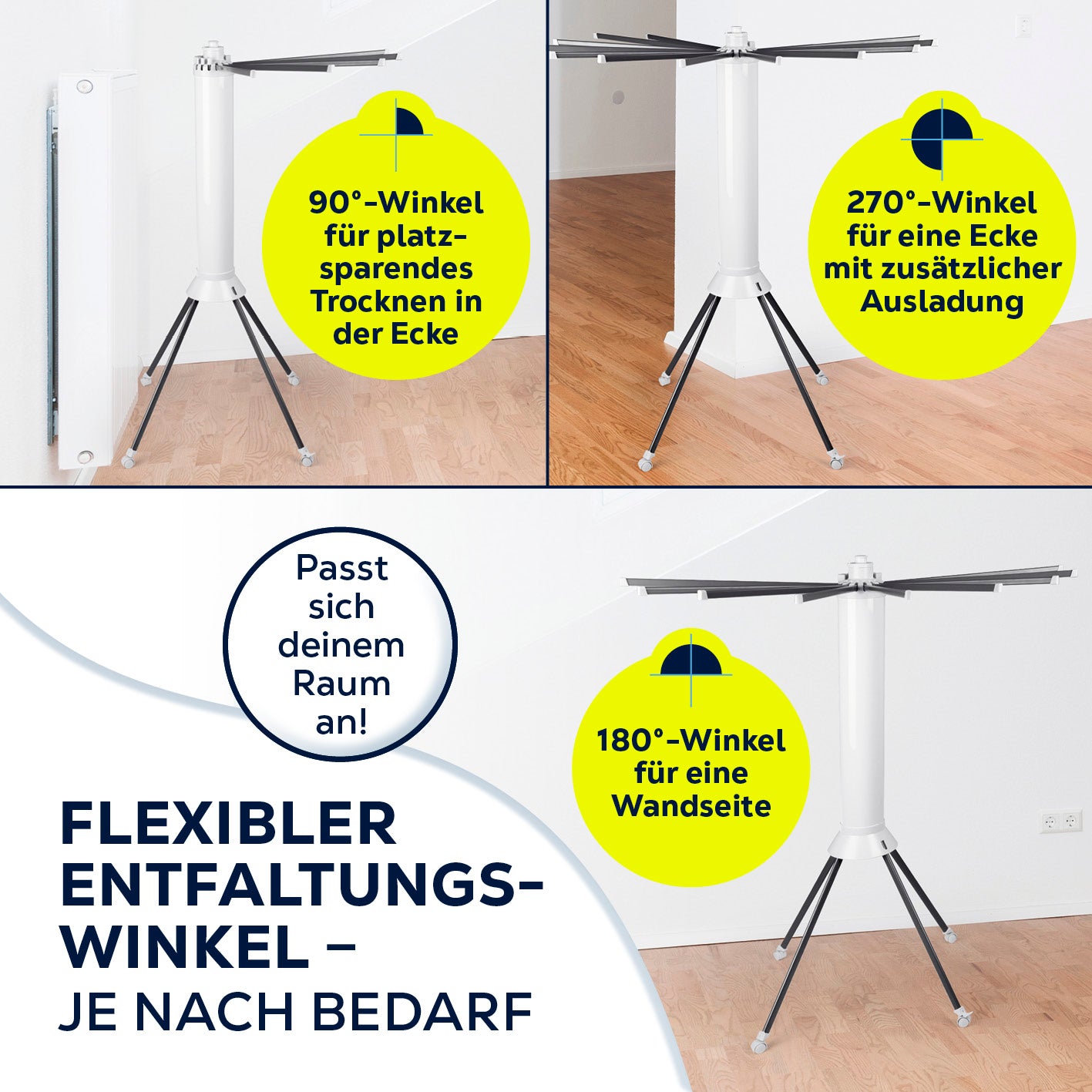 Fächer-Wäscheständer 800 mit flexibel einstellbaren Trockenarmen für platzsparendes Trocknen an Wand oder Ecke.