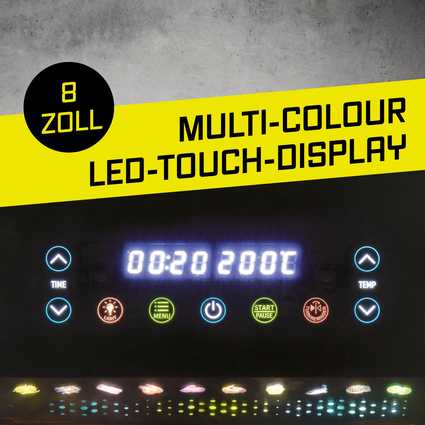 Heißluftfritteuse mit Panoramadach und Frontfenster - 7 l mit 5. Bild der Galerie und Touchscreen-Display in 1417x1417 Pixeln.