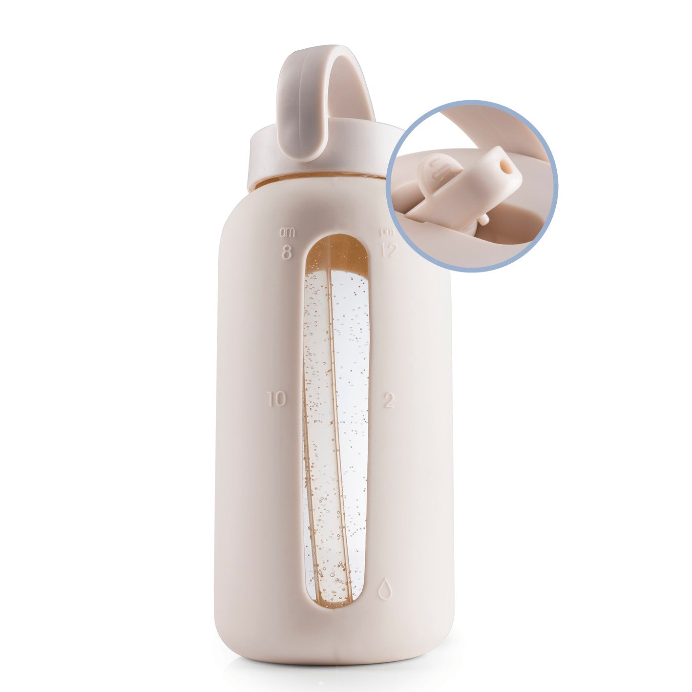 Glas-Trinkflasche – Creme mit 800 ml Fassungsvermögen, minimalistisches Design, Zeitmarkierungen und integriertem Strohhalm.