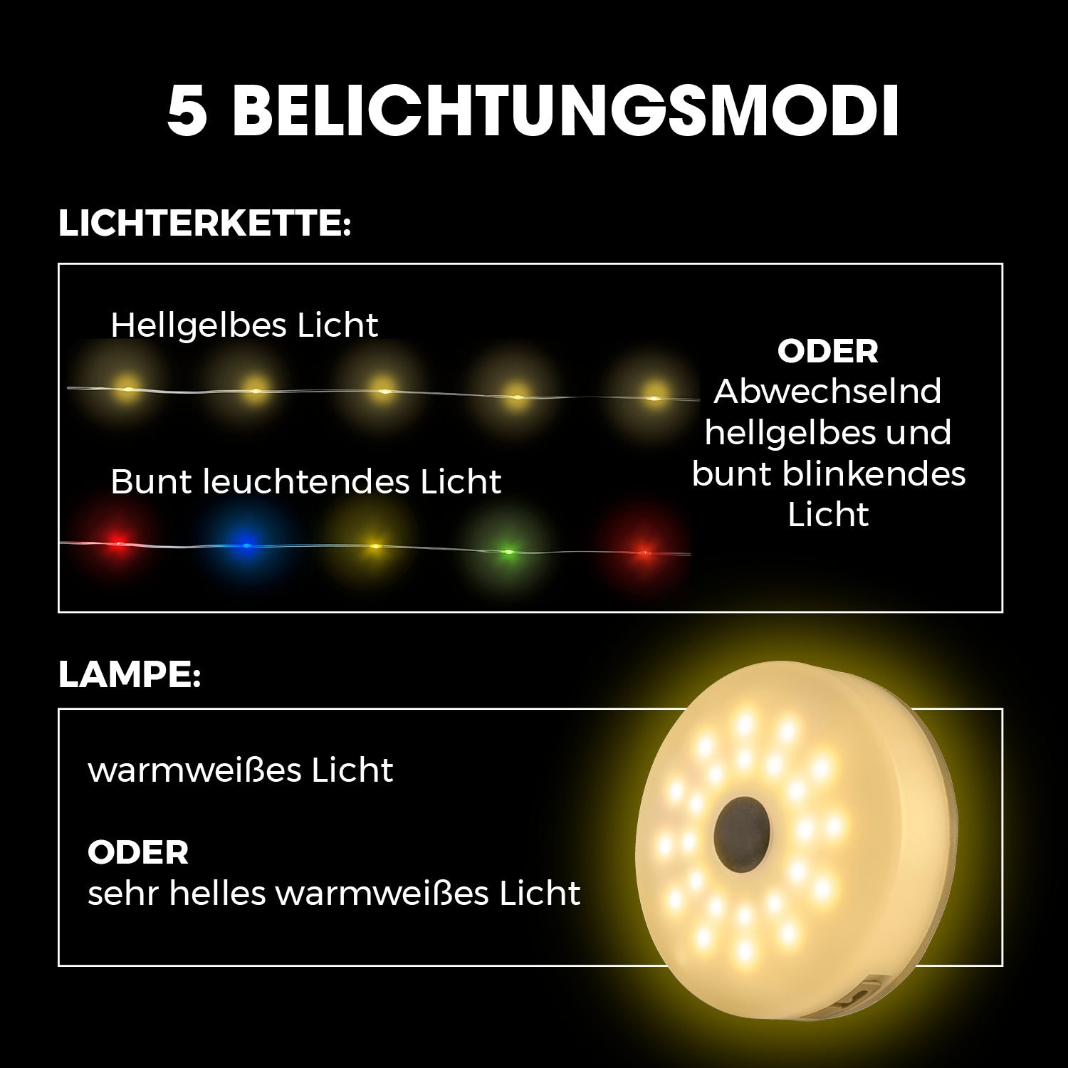 5 Belichtungsmodi erklärt für 2in1-Outdoor-Beleuchtung - Lampe & Lichterkette in einem mit warmweißem und buntem Licht.