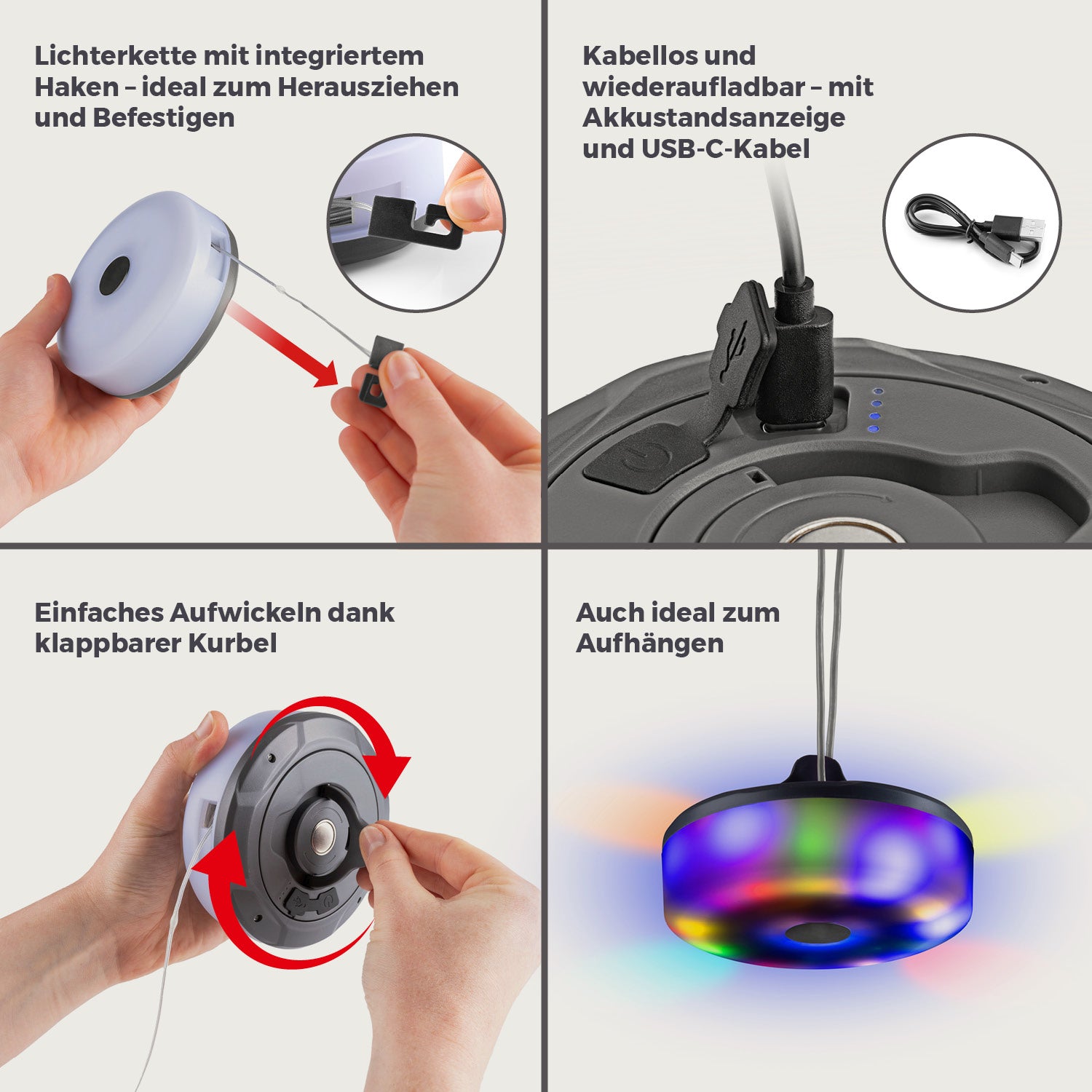 2in1-Outdoor-Beleuchtung - Lampe & Lichterkette in einem mit Haken, USB-C Ladekabel, Akkuanzeige und klappbarer Kurbel zum Aufhängen.