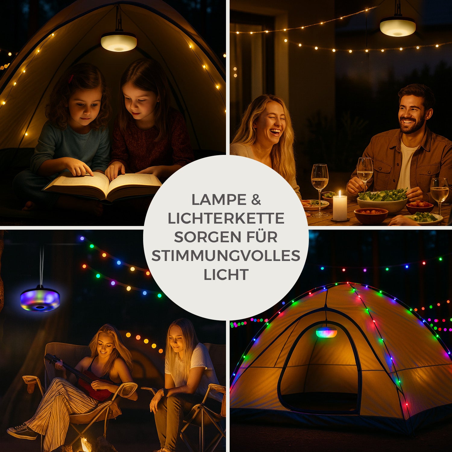2in1-Outdoor-Beleuchtung - Lampe & Lichterkette in einem sorgt für stimmungsvolles Licht beim Camping und Abendessen.