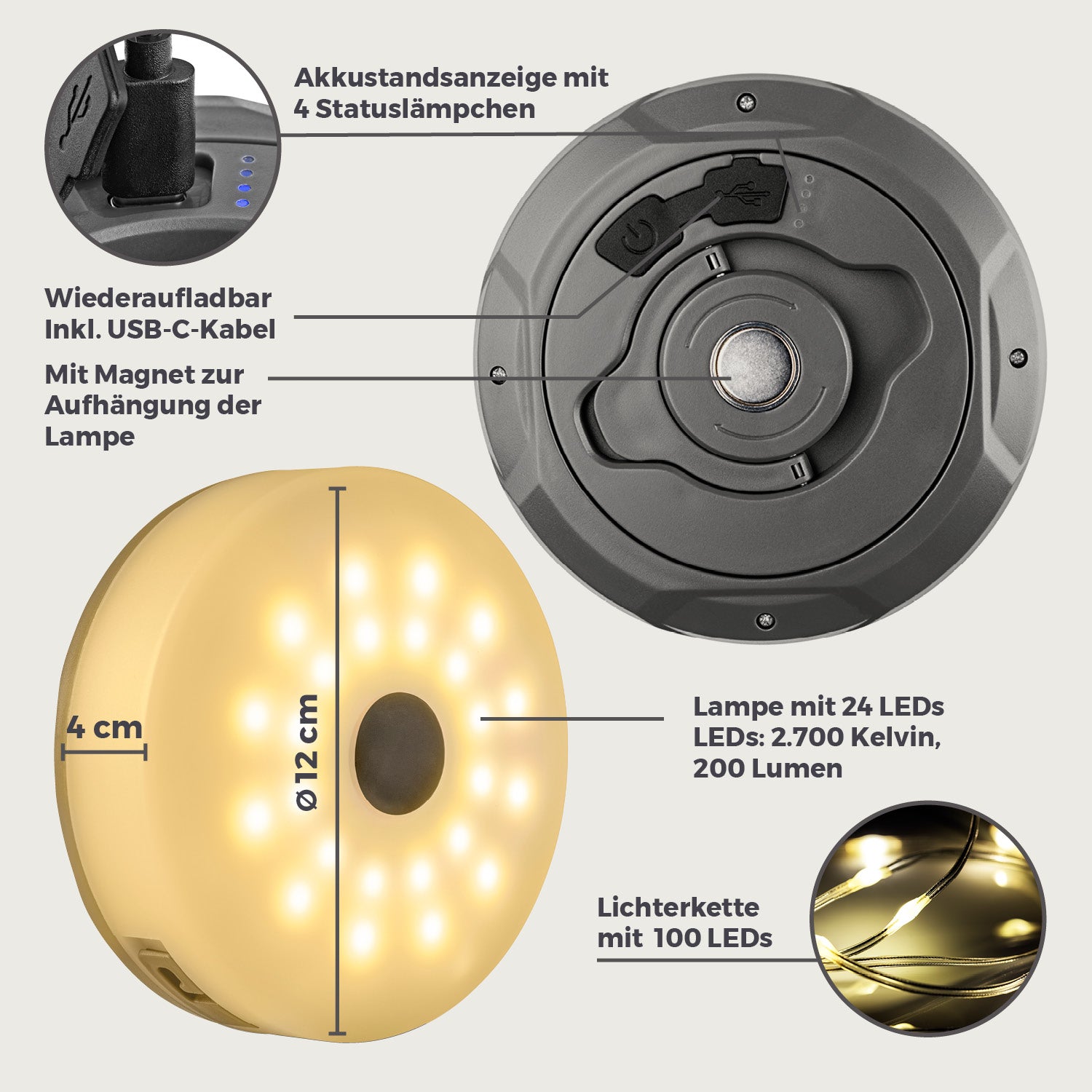 Technische Details der 2in1-Outdoor-Beleuchtung - Lampe & Lichterkette in einem mit Akku, Magnet und 124 warmweißen LEDs.