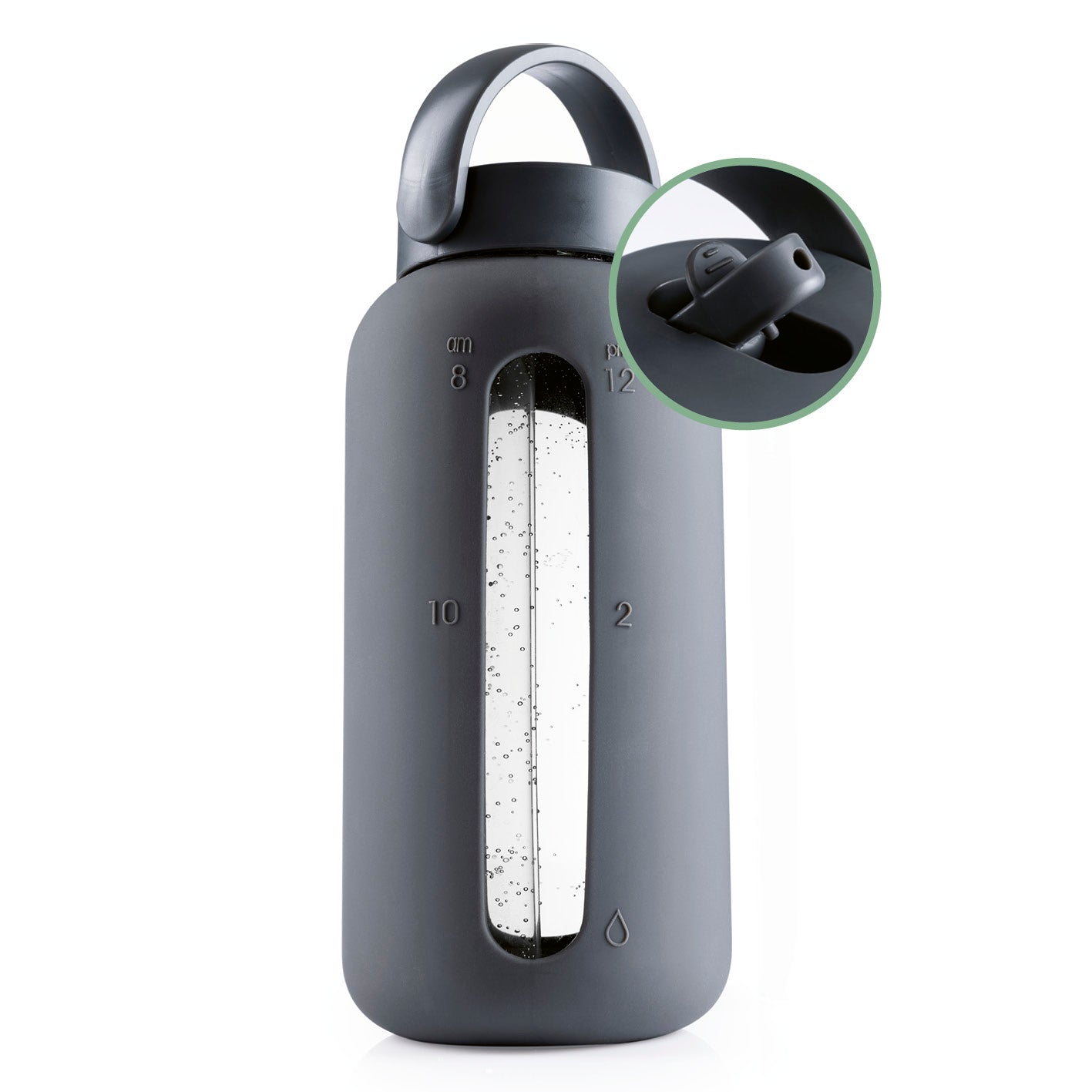 Glas-Trinkflasche – Anthrazit mit 800 ml, integrierter Zeitskala von 8 bis 20 Uhr und praktischem Trinkhalmverschluss.