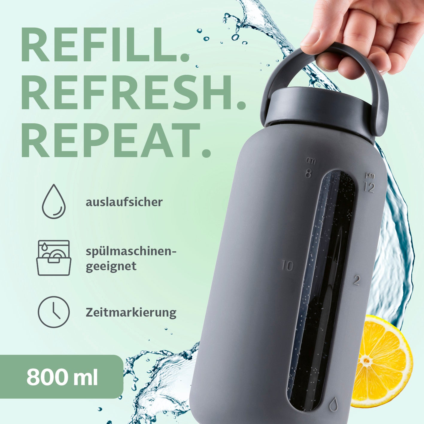 Glas-Trinkflasche – Anthrazit mit 800 ml, auslaufsicher, spülmaschinengeeignet und Zeitmarkierungen für den ganzen Tag.