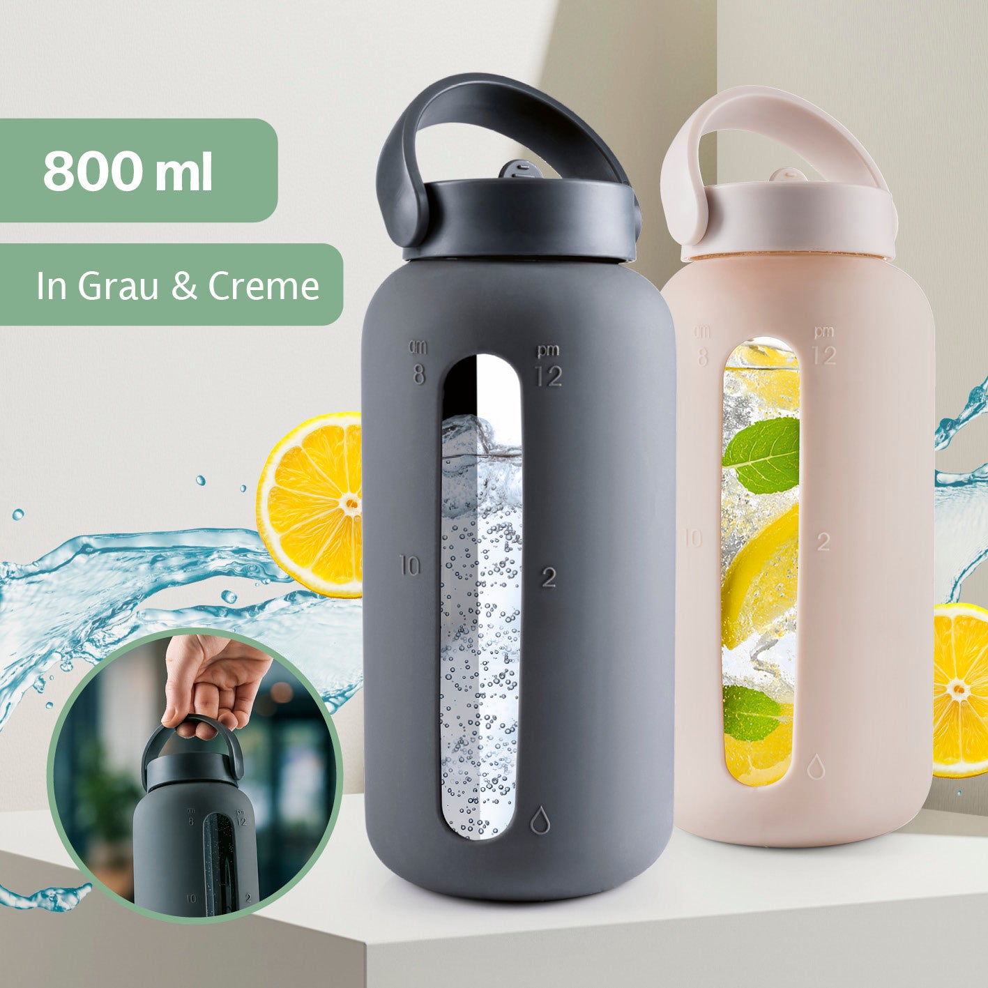 Glas-Trinkflasche – Anthrazit mit 800 ml Fassungsvermögen, Zeitskala und praktischem Tragegriff für unterwegs und Alltag.