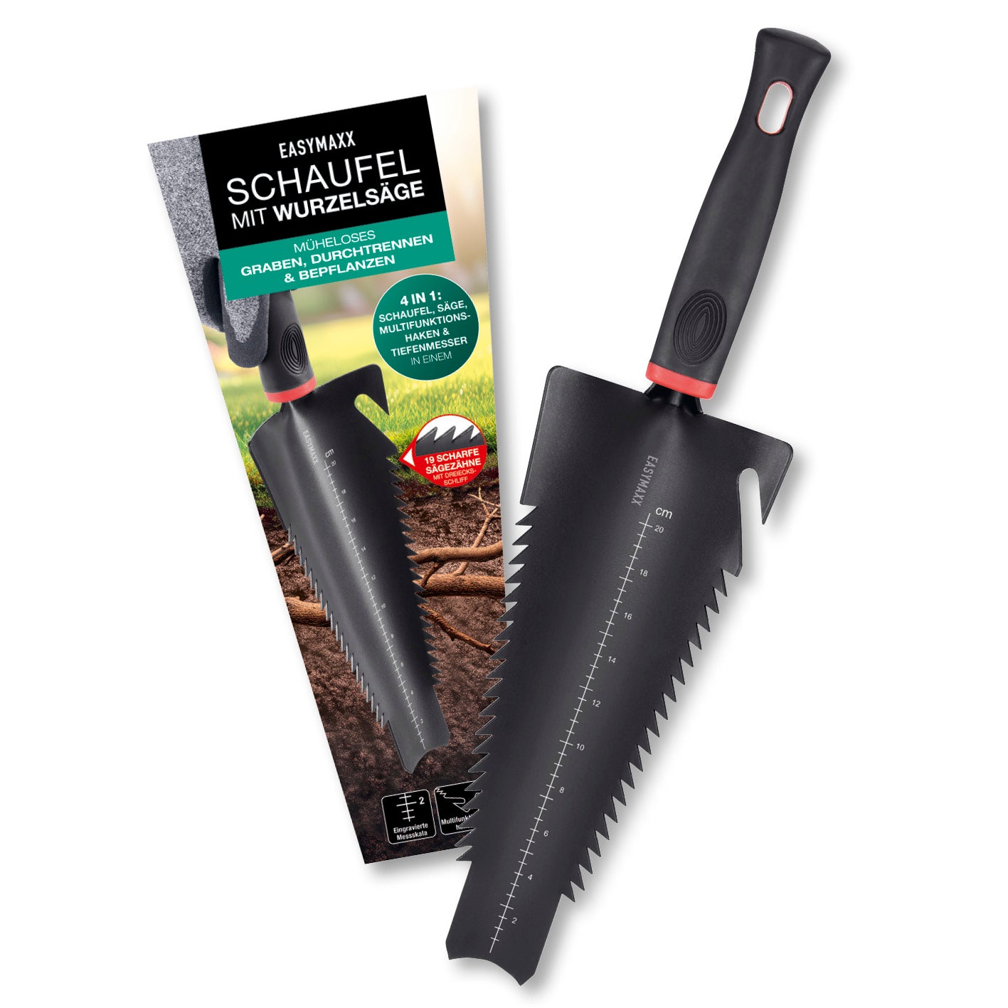 Schaufel mit Wurzelsäge - Schwarz/Rot, multifunktionales Gartentool zum Graben, Sägen und Messen von Wurzeln und Pflanzen.