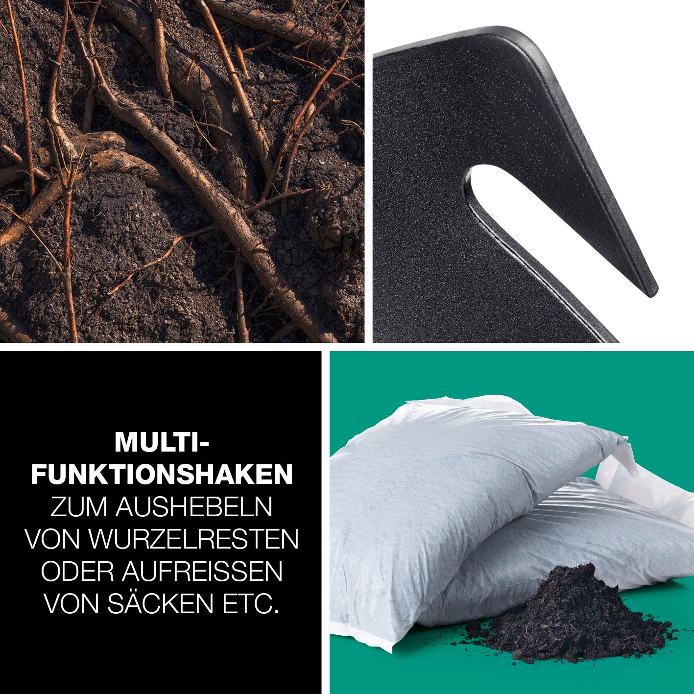 Schaufel mit Wurzelsäge - Schwarz/Rot als multifunktionales Werkzeug zum Graben, Sägen und Ausheben von Wurzelresten.