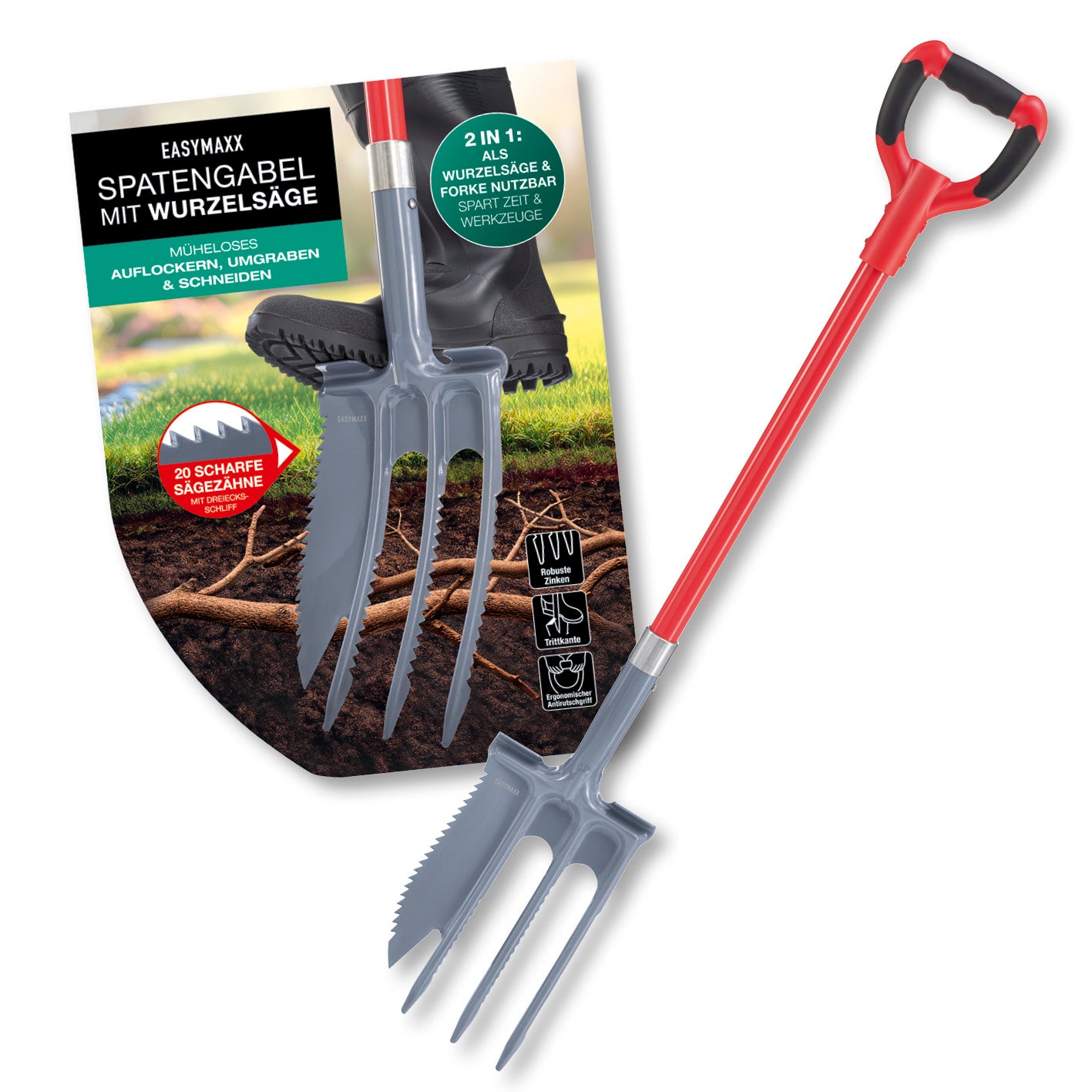 Spatengabel mit Wurzelsäge 2-in-1 Werkzeug zum Auflockern und Schneiden mit 20 scharfen Sägezähnen und ergonomischem Griff.