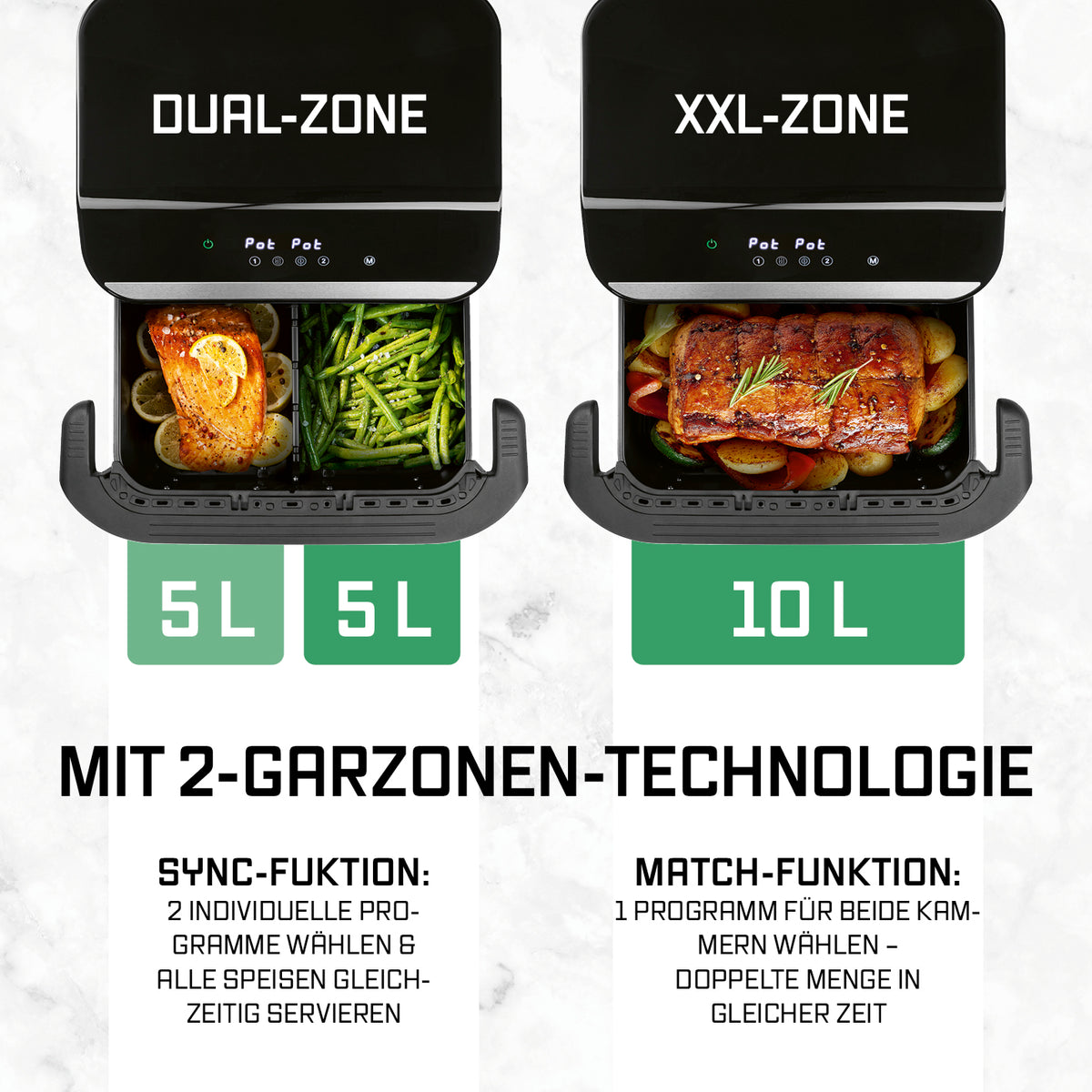 Vario-Kammer-Heißluftfritteuse - 10 Liter (2 x 5 Liter), Infografik mit zwei 5-Liter-Kammern und 10-Liter-XXL-Zone