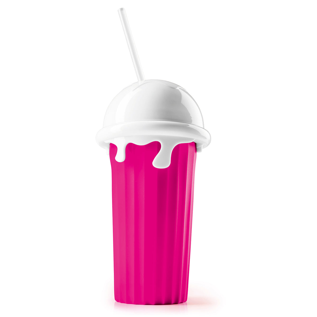 FreezeUp Slushy Cup - Rosa/Weiß, pinker Becher mit weißem Deckel und Trinkhalm