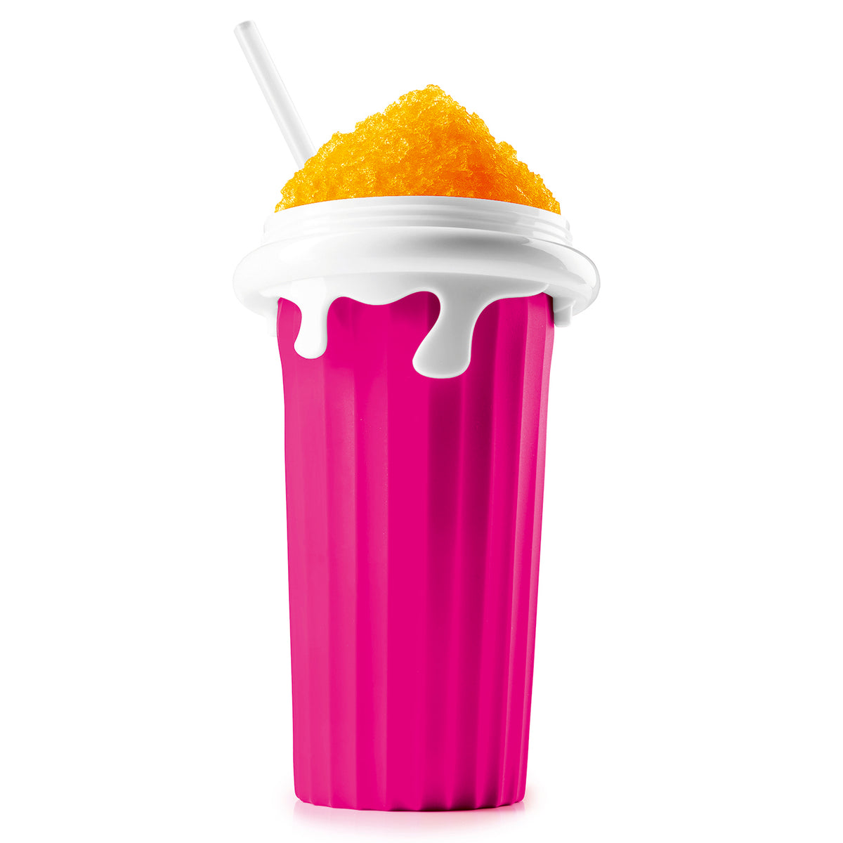 FreezeUp Slushy Cup - Rosa/Weiß mit orangefarbenem Slush-Eis, weißem Deckel und Strohhalm