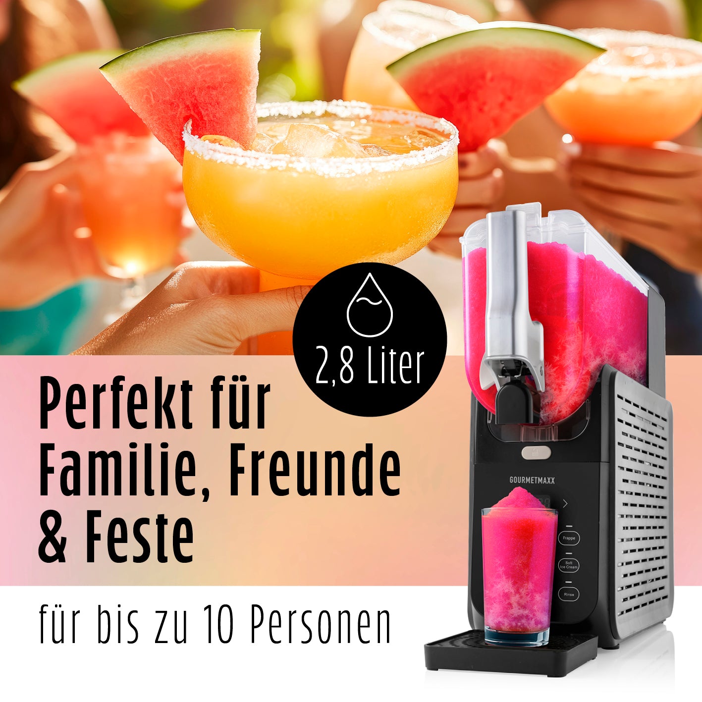 Slush Eis Maschine FreezeUp mit 2,8 Liter Fassungsvermögen ideal für Familie, Freunde und Partys bis zu 10 Personen.