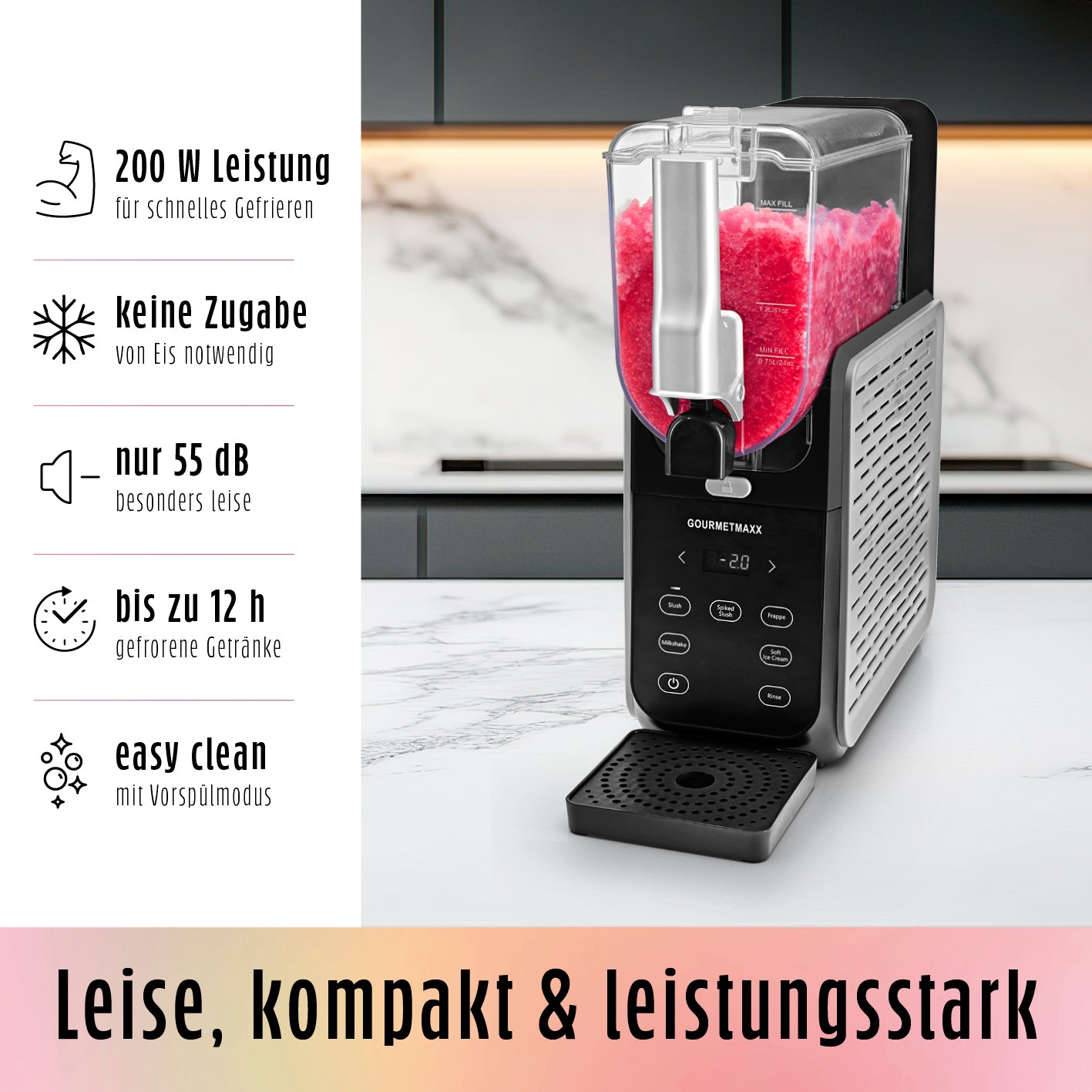 Slush Eis Maschine FreezeUp mit 200 W Leistung, leise 55 dB, bis zu 12 h Gefrierdauer und einfache Reinigung im modernen Design