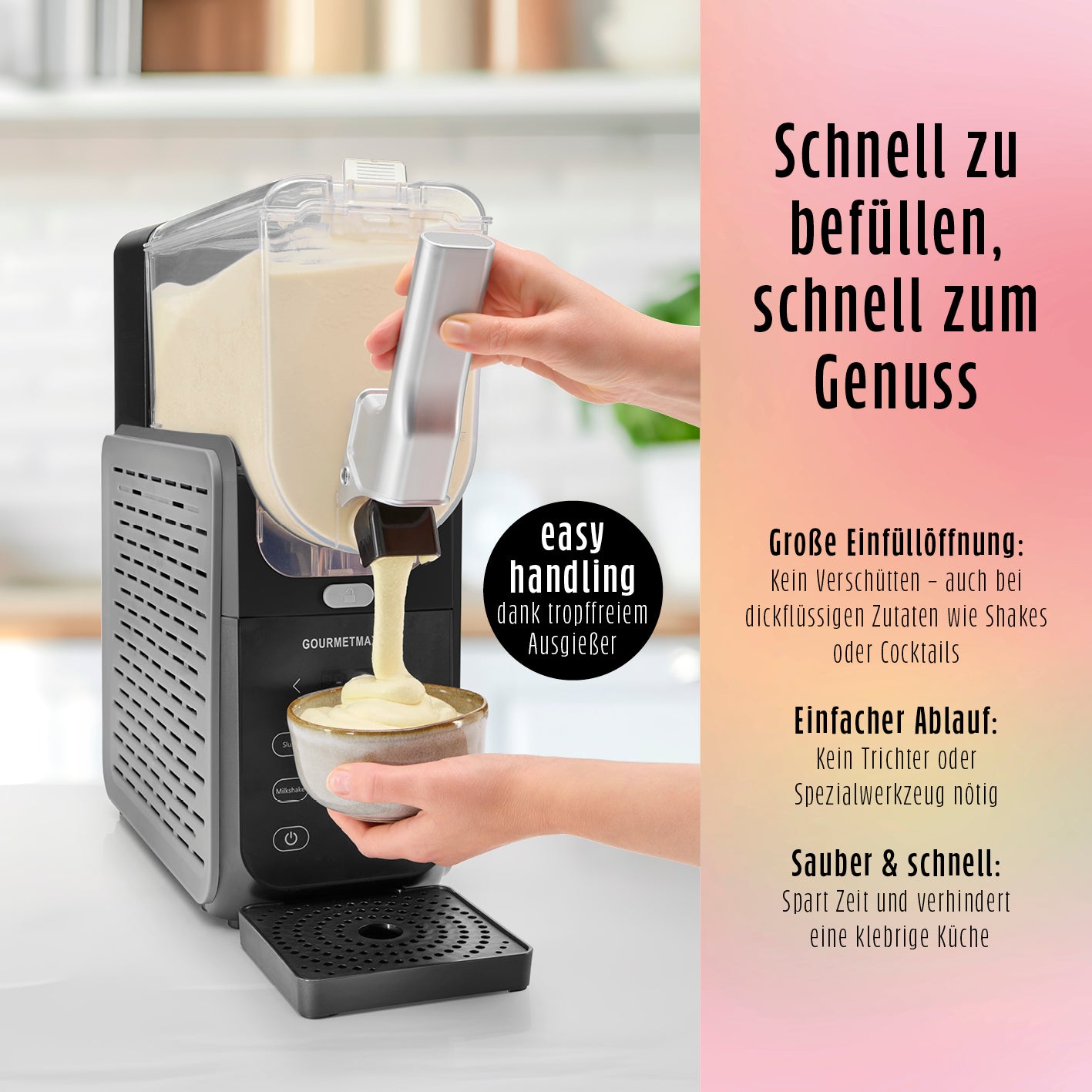 Slush Eis Maschine FreezeUp mit tropffreiem Ausgießer, einfacher Bedienung und großer Einfüllöffnung für schnelle Slush-Getränke.