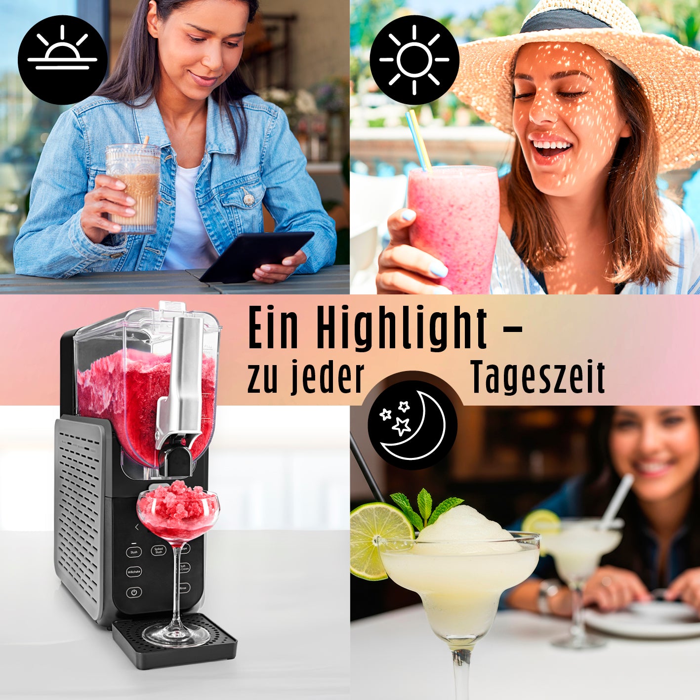 Slush Eis Maschine FreezeUp zeigt Getränke zu jeder Tageszeit für erfrischenden Genuss bei Partys und zu Hause.