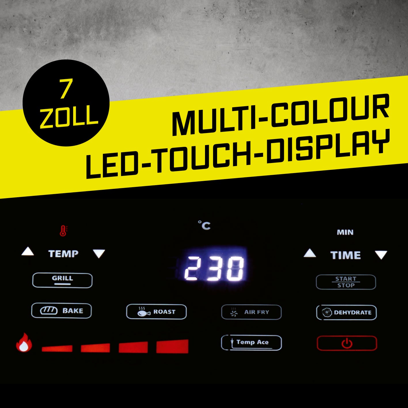Heißluftfritteuse FryBBQ - 5 Liter Bedienfeld mit 7 Zoll mehrfarbigem LED-Touch-Display und Temperatureinstellung bis 230 Grad Celsius.