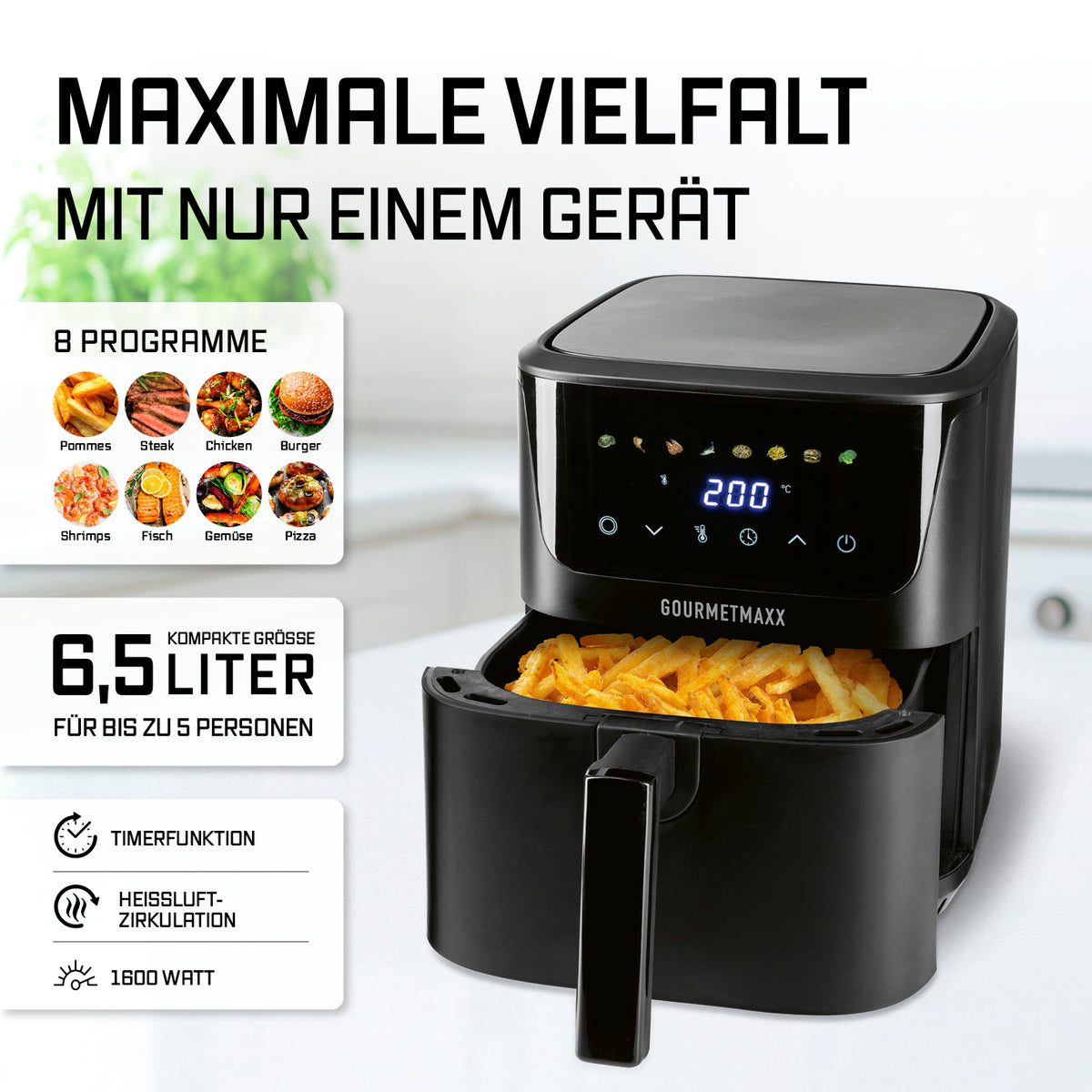 Heißluft-Fritteuse Digital 6,5 Liter - Schwarz mit Pommes und digitalem Display