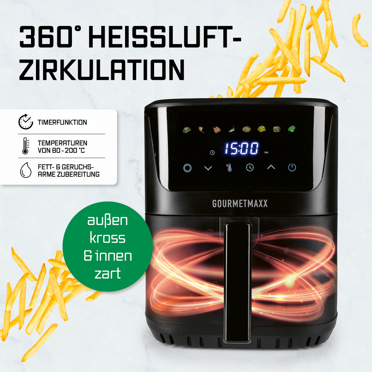 Heißluft-Fritteuse Digital 6,5 Liter - Schwarz mit digitalem Bedienfeld und 360 Grad Heißluftzirkulation