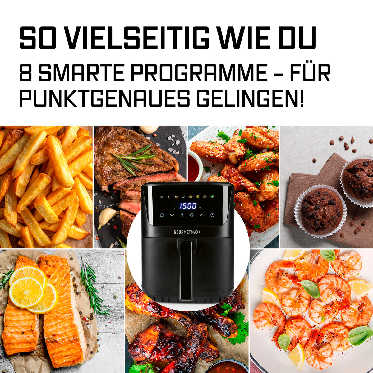 Heißluft-Fritteuse Digital 6,5 Liter - Schwarz mit 8 smarten Programmen für punktgenaues Garen