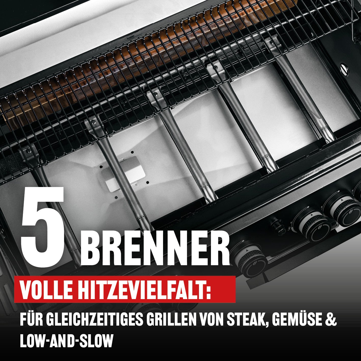 Gasgrill COOL BLACK 5.2 maxX-Zone mit 5 Brennern für vielseitiges Grillen von Steak, Gemüse und Low-and-Slow Zubereitung.