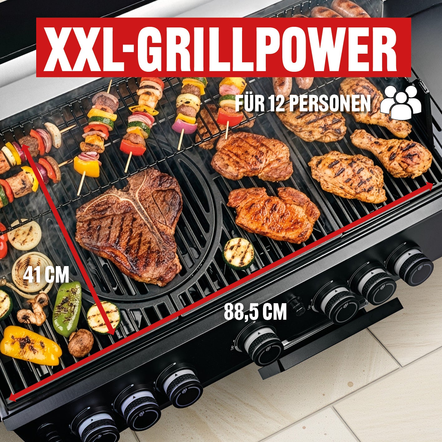 Gasgrill COOL BLACK 5.2 maxX-Zone mit großer Grillfläche und 5 Brennern für bis zu 12 Personen, perfektes scharfes Anbraten.