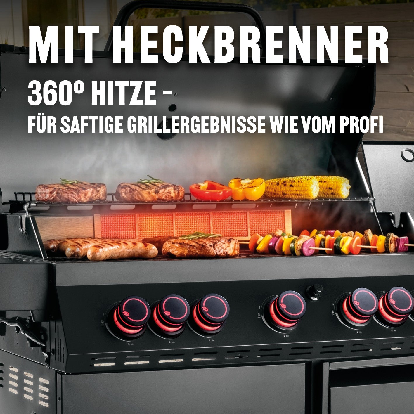 Gasgrill COOL BLACK 5.2 maxX-Zone mit Heckbrenner und 360° Hitze für professionelle saftige Grillergebnisse im Garten.