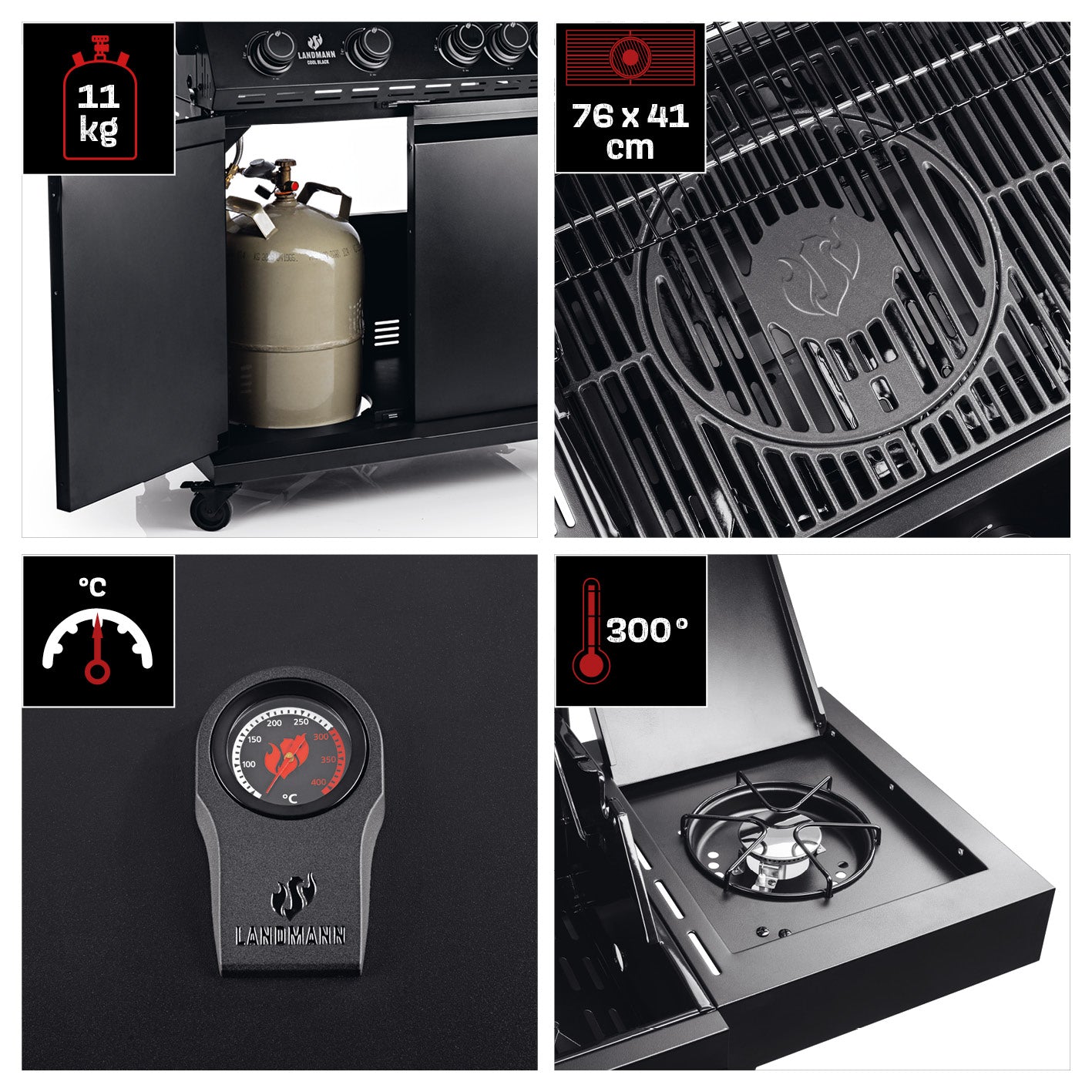 Gasgrill COOL BLACK 4.1 – 4 Brenner + Seitenbrenner mit Gasflaschenfach, 76x41 cm Grillfläche, Thermometer und 300°C Seitenbrenner.