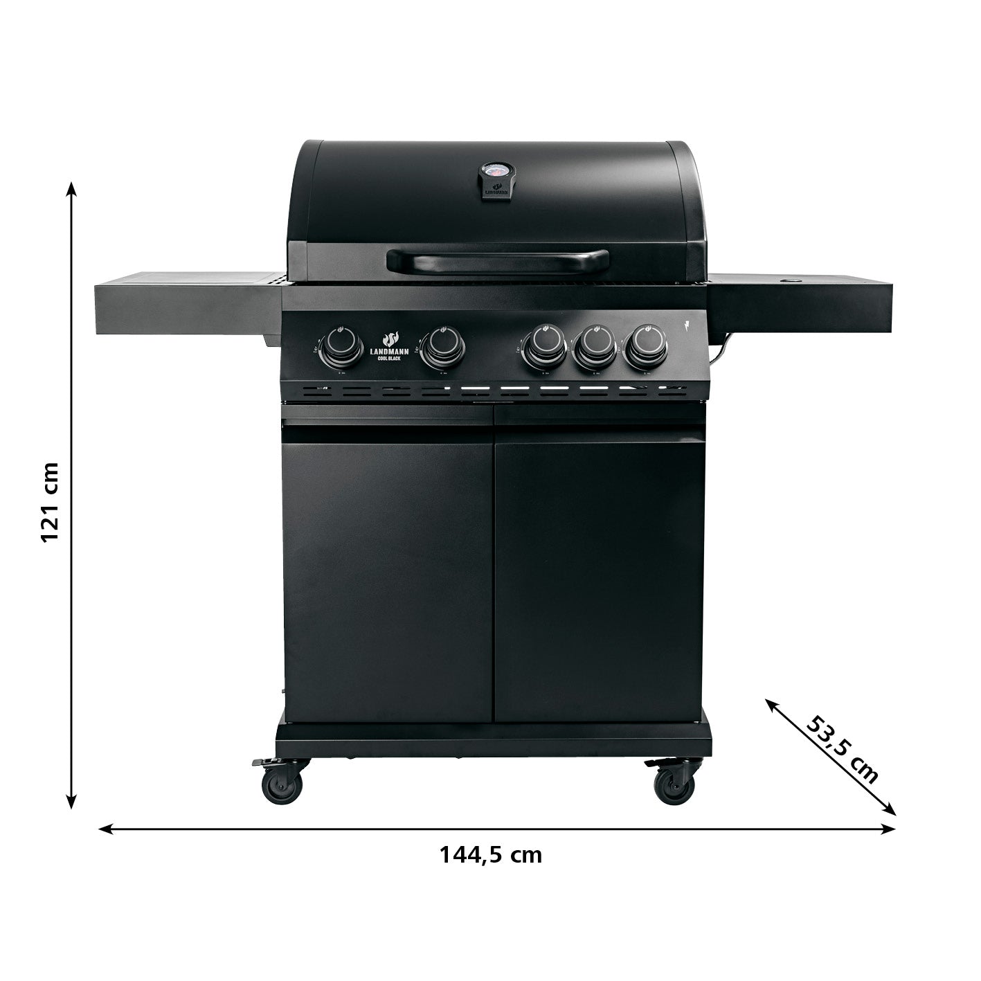 Gasgrill COOL BLACK 4.1 – 4 Brenner plus Seitenbrenner in schwarzem Design mit großem Grillrost und Wagen auf Rollen.