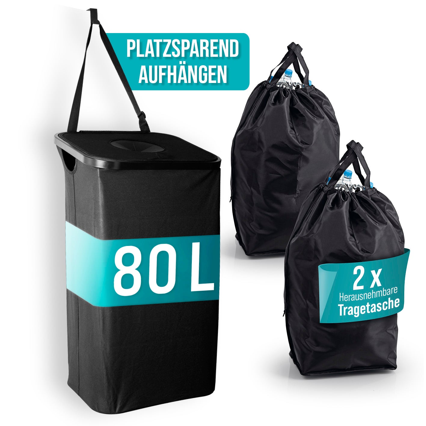 Pfandflaschen-Sammelbehälter inkl. Türhaken - Anthrazit mit 80 Litern Fassungsvermögen und zwei abnehmbaren Tragetaschen zum Aufhängen.