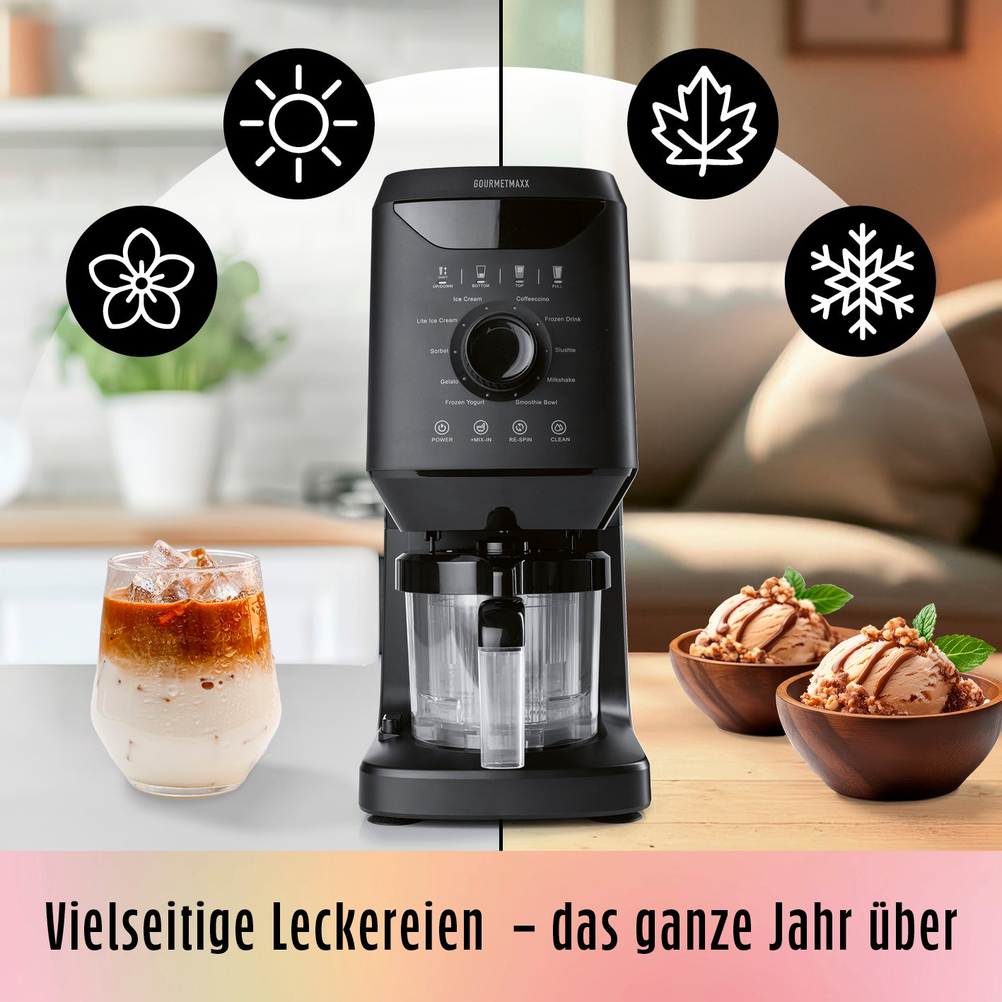 Eismaschine SmoothUp für vielseitige Drinks und Desserts mit 10 Programmen und Mix-in-Funktion für jede Jahreszeit.
