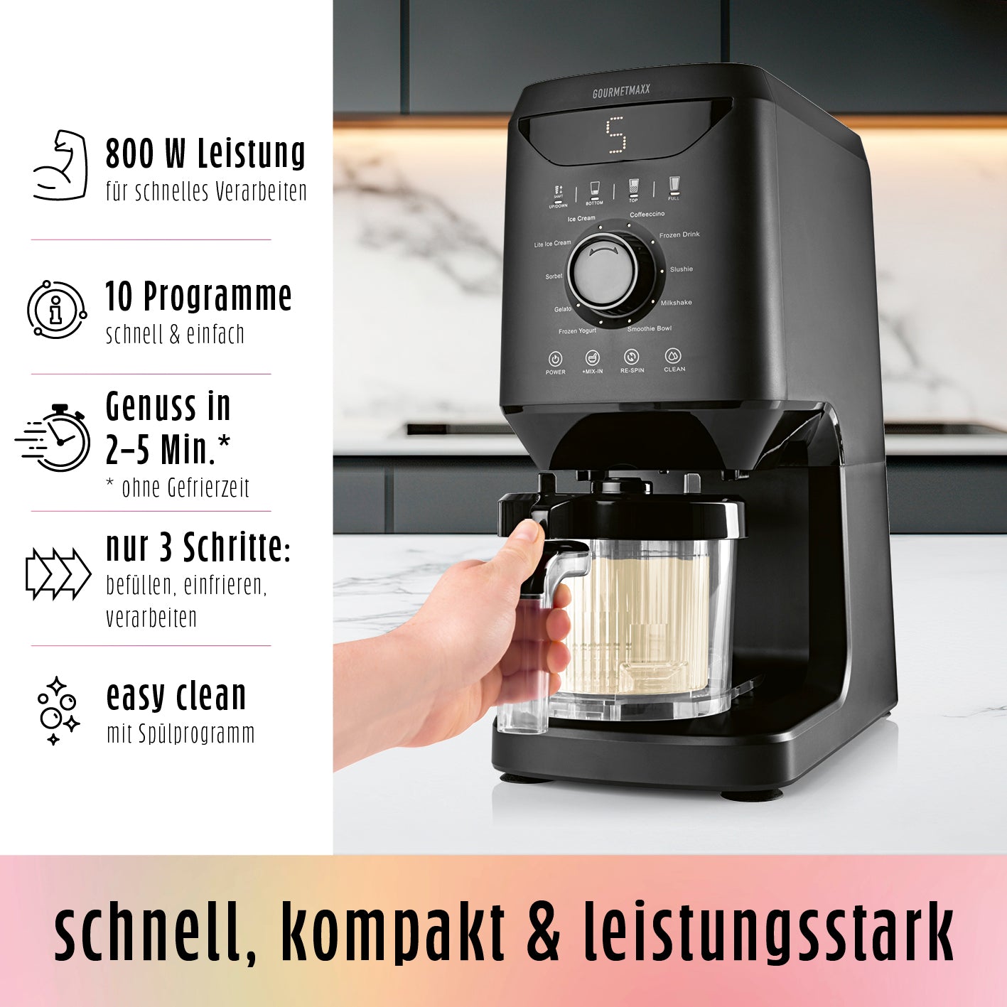 Eismaschine SmoothUp kompakt mit 10 Programmen und 800 W Leistung für schnelle Zubereitung von Eis und Desserts.