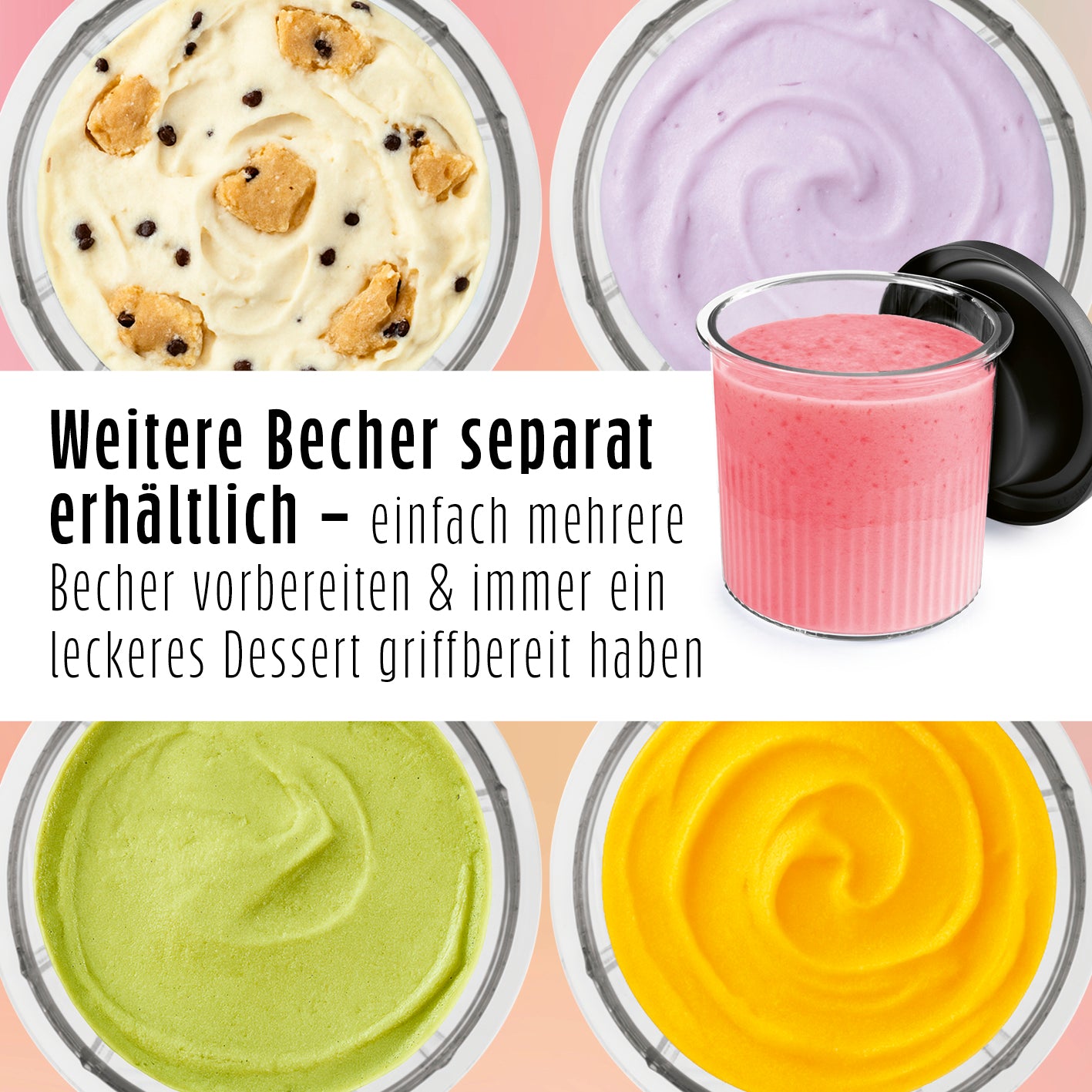 Eismaschine SmoothUp mit verschiedenen Eissorten und Bechern für individuelle, kreative Getränke und Desserts auf Partys und Events.