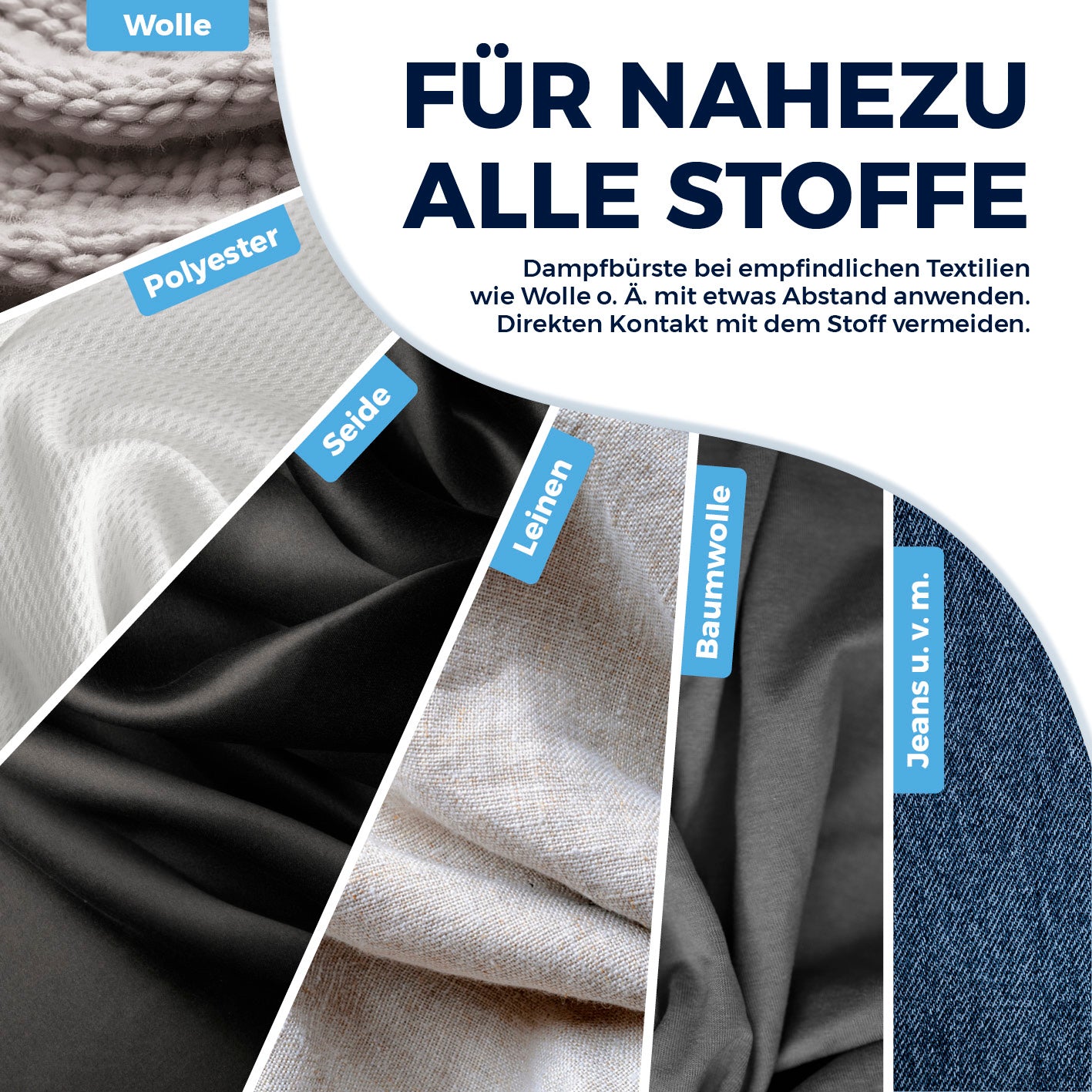 2in1-Dampfbürste zeigt Stoffarten wie Wolle, Polyester, Seide, Leinen, Baumwolle und Jeans in quadratischem Format Galerieposition 5