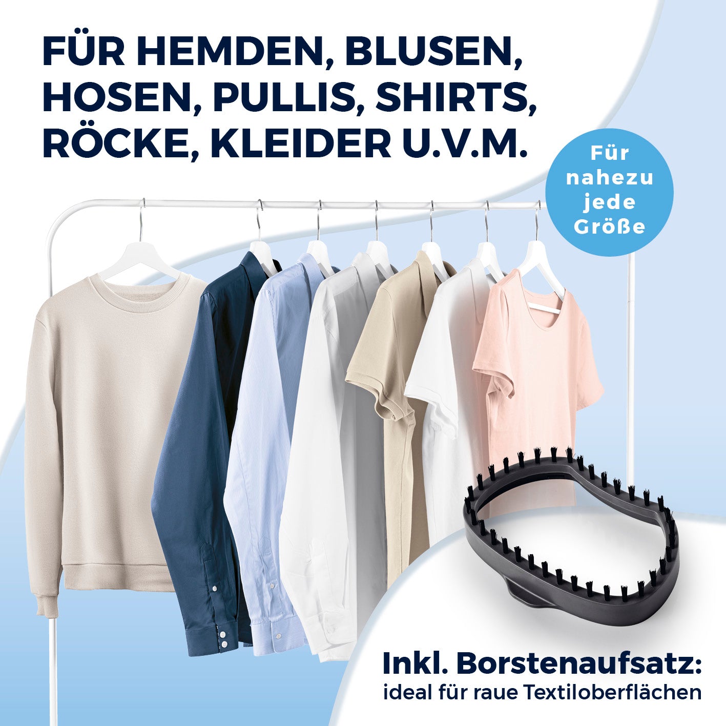 2in1-Dampfbürste zeigt vielseitige Kleidungsstücke und speziellen Borstenaufsatz für raue Textilien Galerie 6 quadratisch