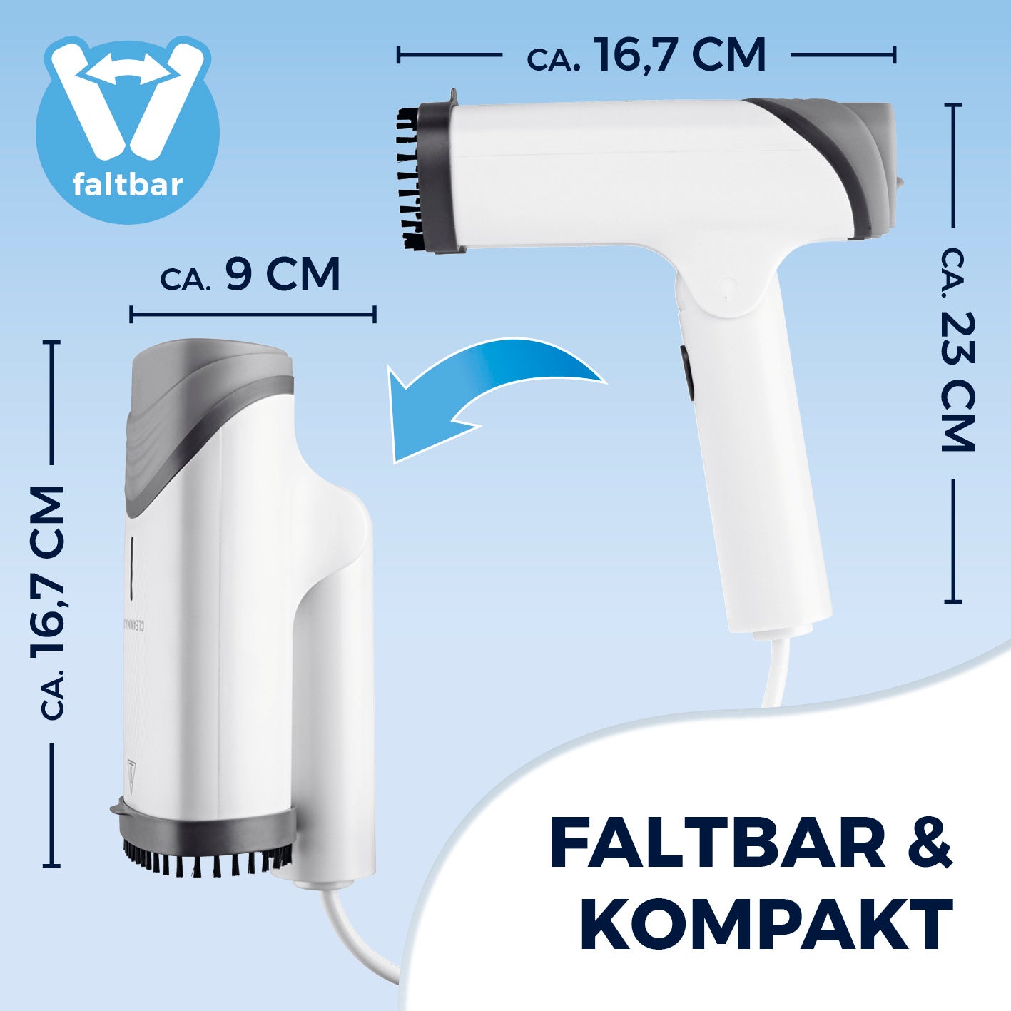 2in1-Dampfbürste mit faltbarem, kompaktem Design und genauen Maßen für einfache Handhabung und platzsparende Aufbewahrung Galerie 9