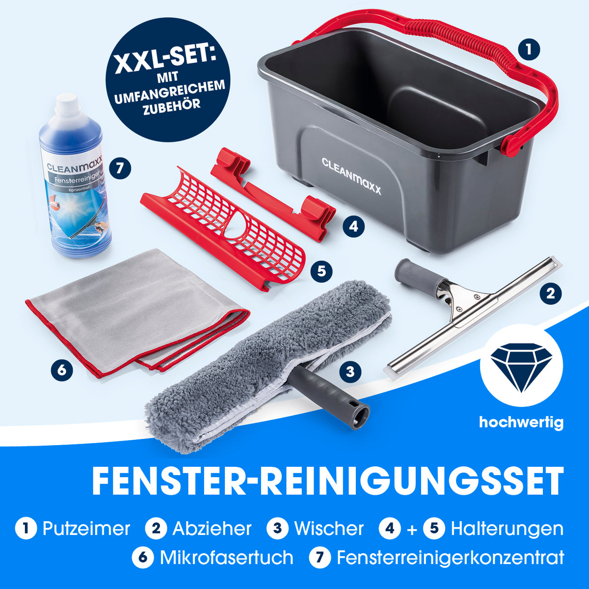 Fensterreiniger-Set Professional - 13-tlg. - Grau/Rot mit Eimer Abzieher Wischer und Zubehör