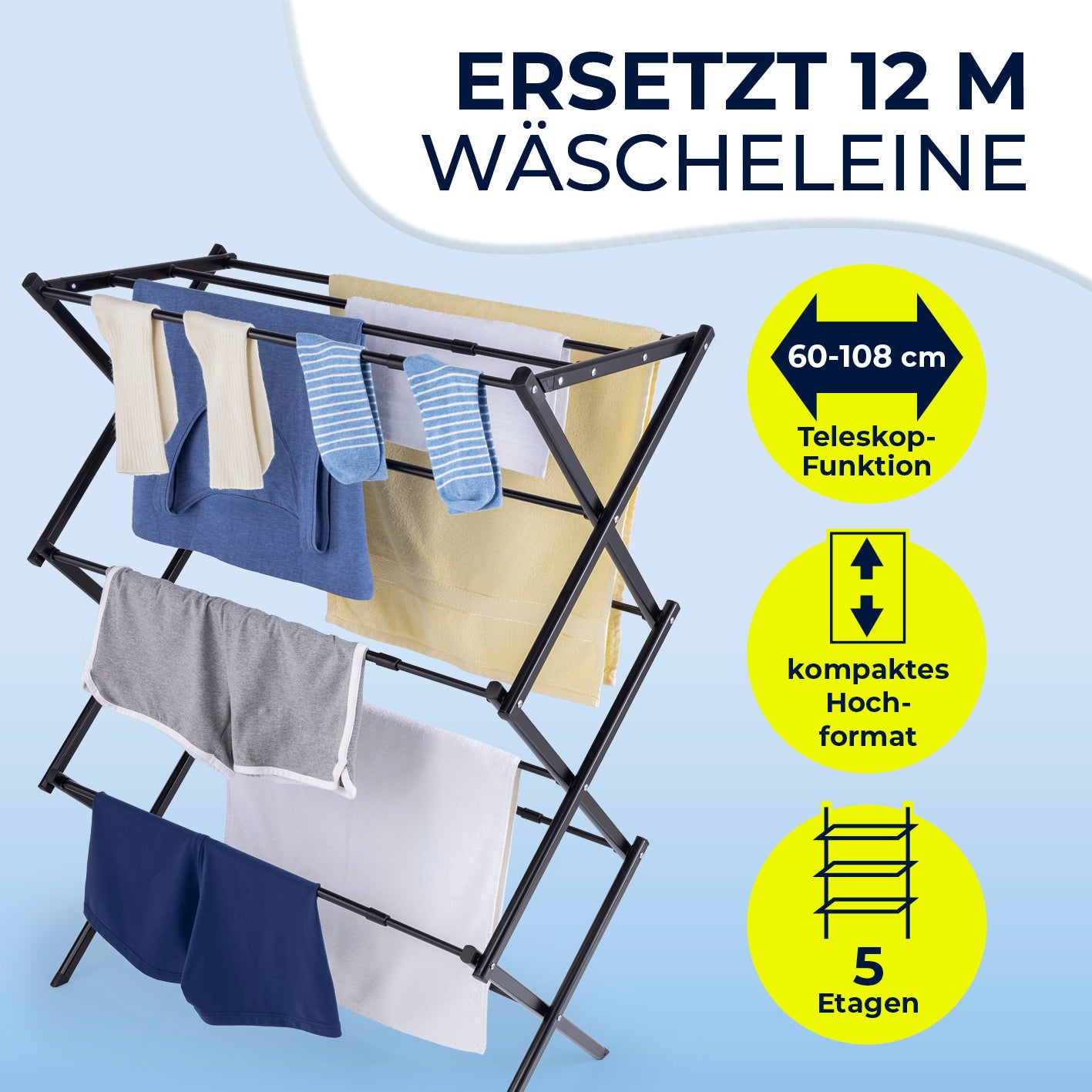 Teleskop-Wäscheständer 1200 in Galerie 2, zeigt kompakte 5 Etagen, teleskopisch 60-108 cm, zum Trocknen von großer Wäschemenge.