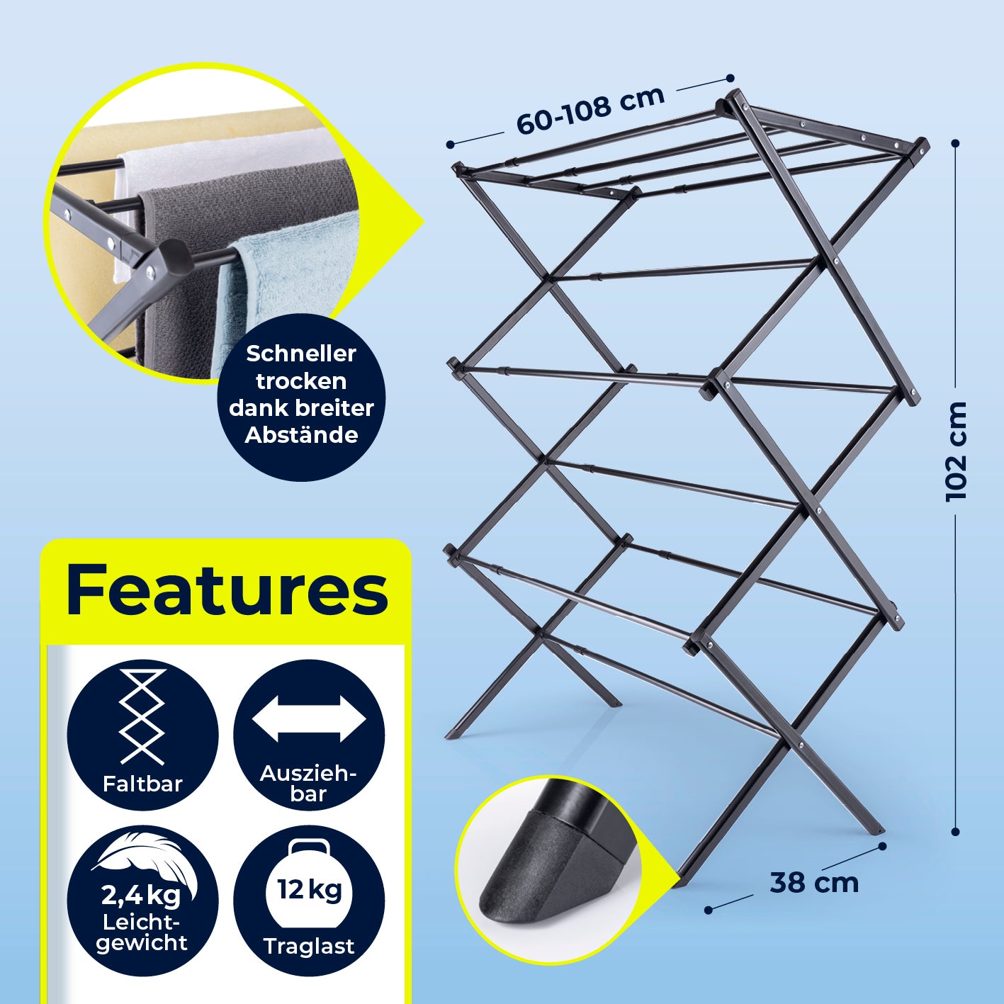 Teleskop-Wäscheständer 1200 im Bild 5 mit Maßen 60-108x38x102 cm, faltbar, ausziehbar und schnelltrocknend durch breite Abstände