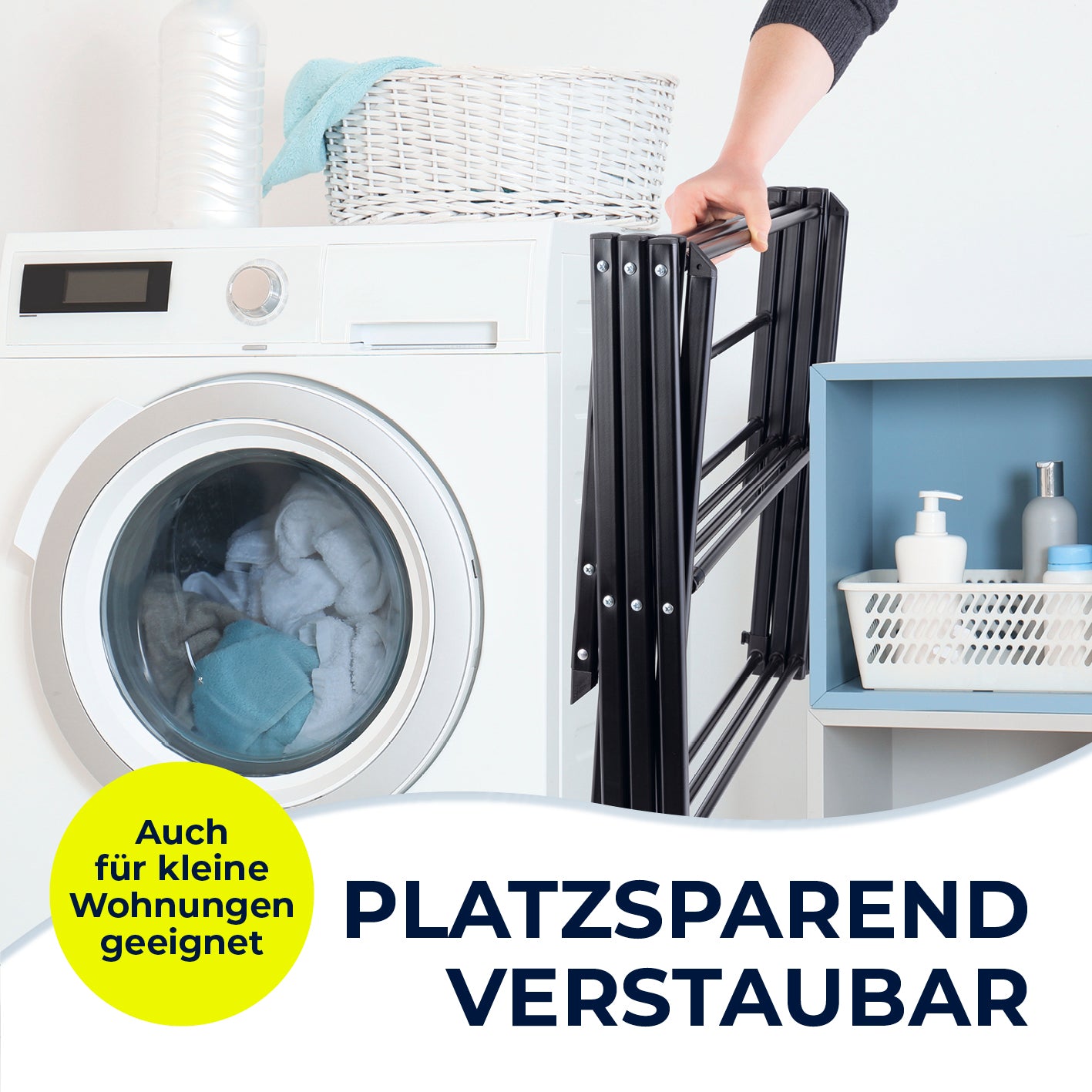Teleskop-Wäscheständer 1200 kompakt zusammengeklappt in Waschraum neben Waschmaschine, Galerieposition 7 quadratisch 1417x1417 px