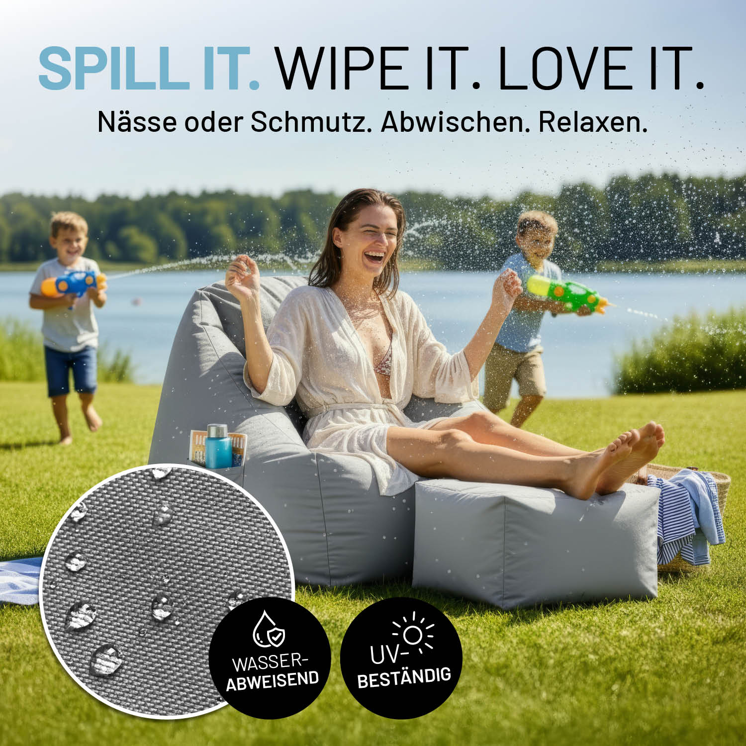 Frau entspannt auf CrozyAir Lufthocker - 60 x 45 x 35 cm - Grau im Freien, wasserabweisend und UV-beständig.