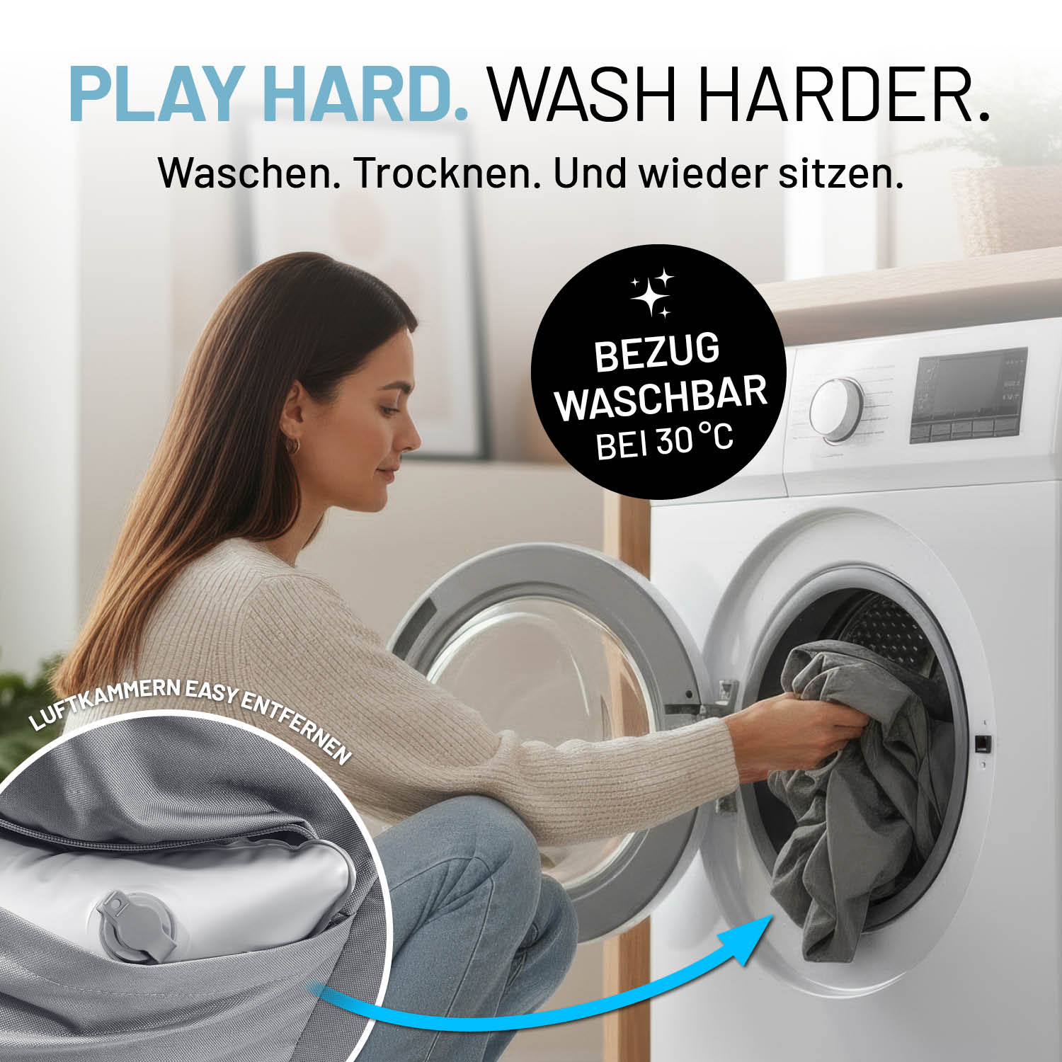Frau lädt Bezug des CrozyAir Lufthocker - 60 x 45 x 35 cm - Grau in Waschmaschine, Bezug bei 30 °C waschbar.