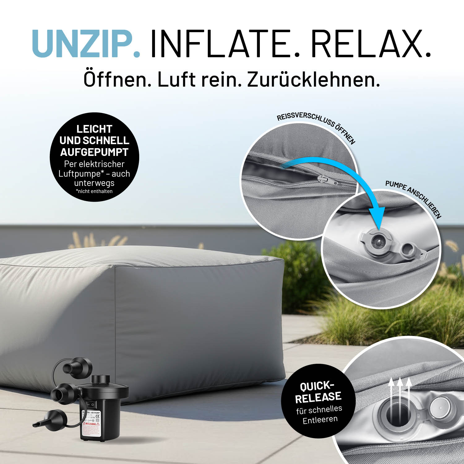 CrozyAir Lufthocker - 60 x 45 x 35 cm - Grau, aufblasbar mit Reißverschluss und Pumpenanschluss für einfaches Befüllen und Entleeren.