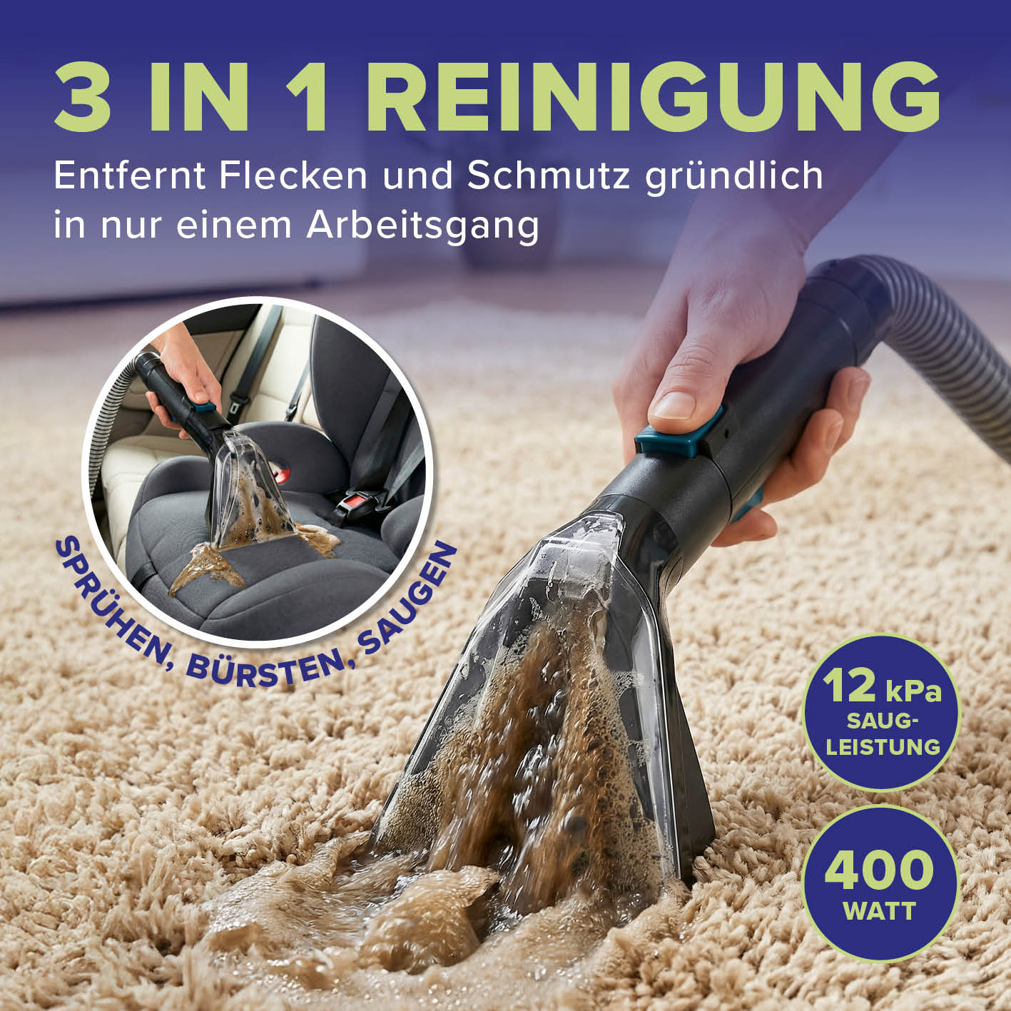 Waschsauger & Polsterreiniger Gerät in Galerie 3 zeigt effektive 3-in-1 Reinigung von Teppichen mit 12 kPa Saugleistung und 400 Watt Leistung.