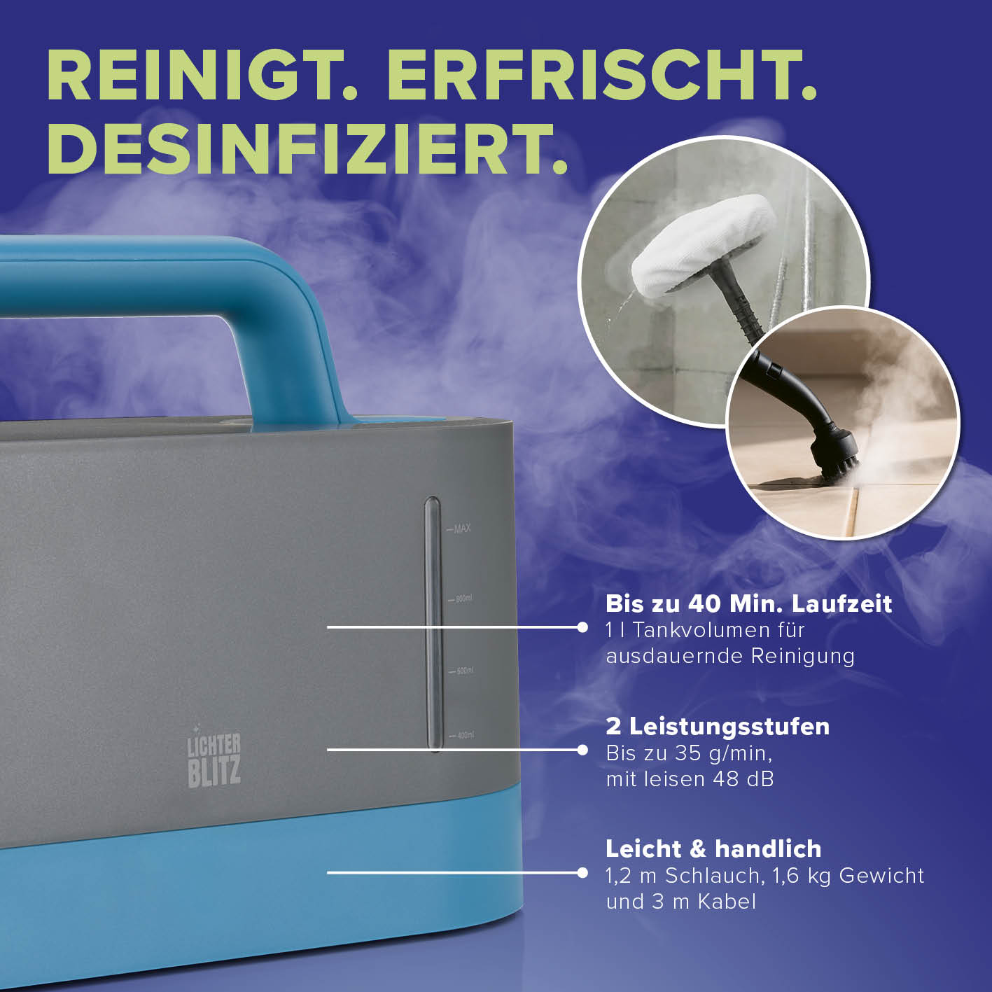 Handdampfreiniger mit bis zu 40 Min. Laufzeit, 2 Leistungsstufen und praktischem Zubehör für effektive Reinigung und Desinfektion.