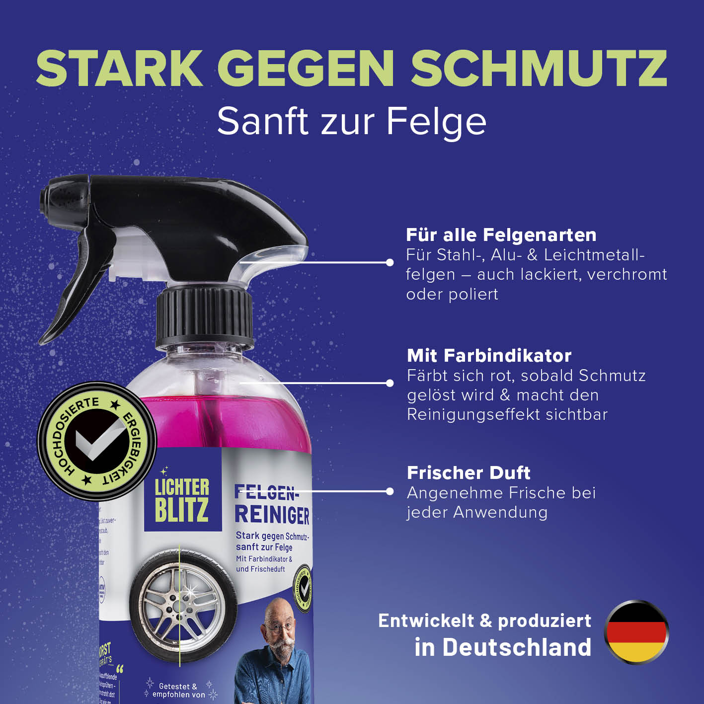 Reinigungsset Felgen – 4-tlg. mit Felgenreiniger, Farbindikator, frischem Duft, für alle Felgenarten, sanft zur Oberfläche, hergestellt in Deutschland.