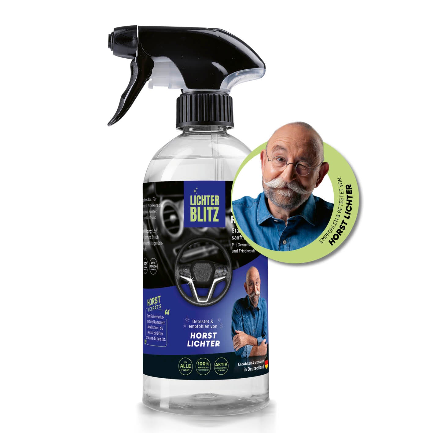 Auto-Innenraumreiniger Flasche mit Sprühkopf und Empfehlung von Horst Lichter, quadratische Galerieansicht 1417x1417px