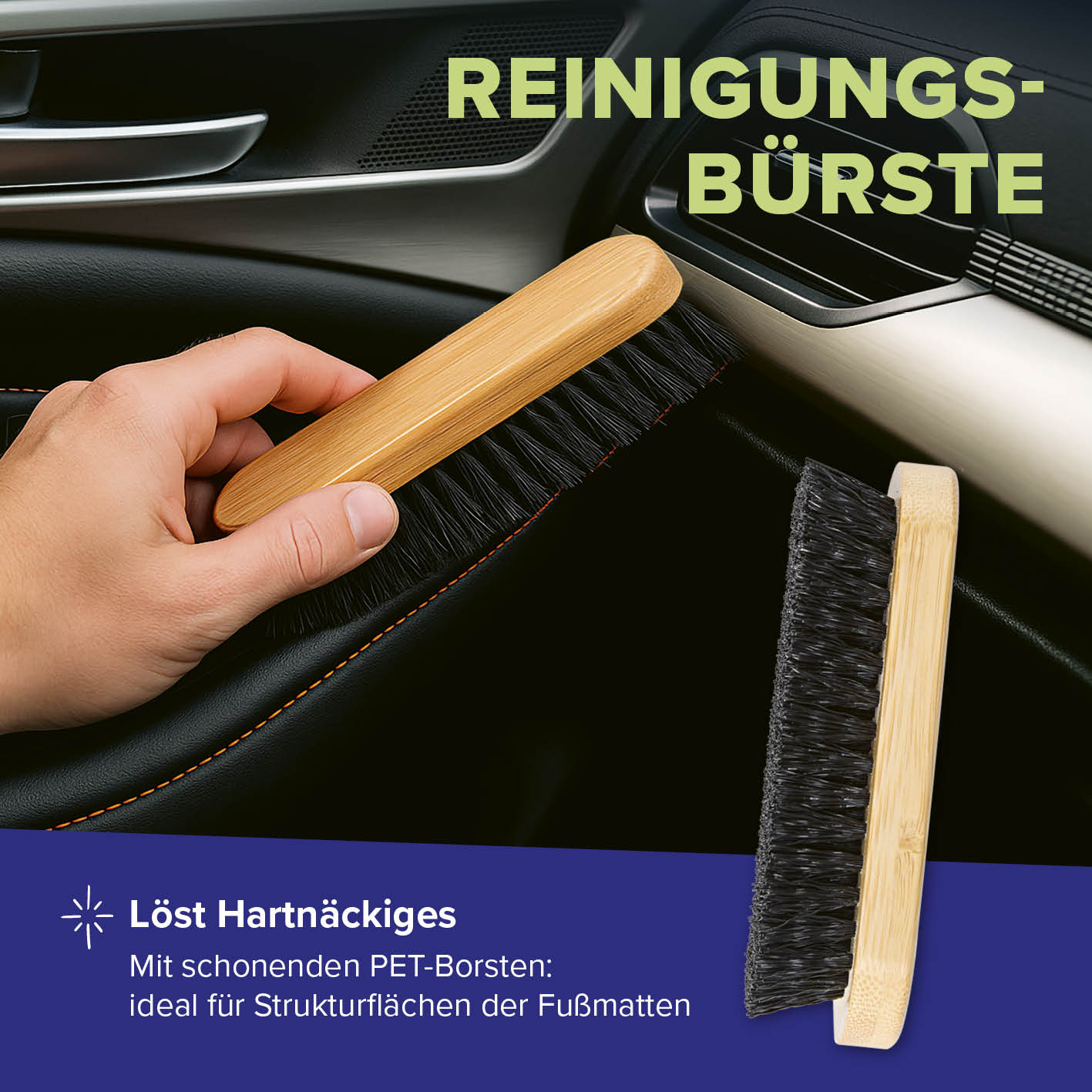 Reinigungsset Autoinnenräume – 4-teilig mit Reinigungsbürste für schonende Reinigung von Strukturflächen im Auto-Innenraum.