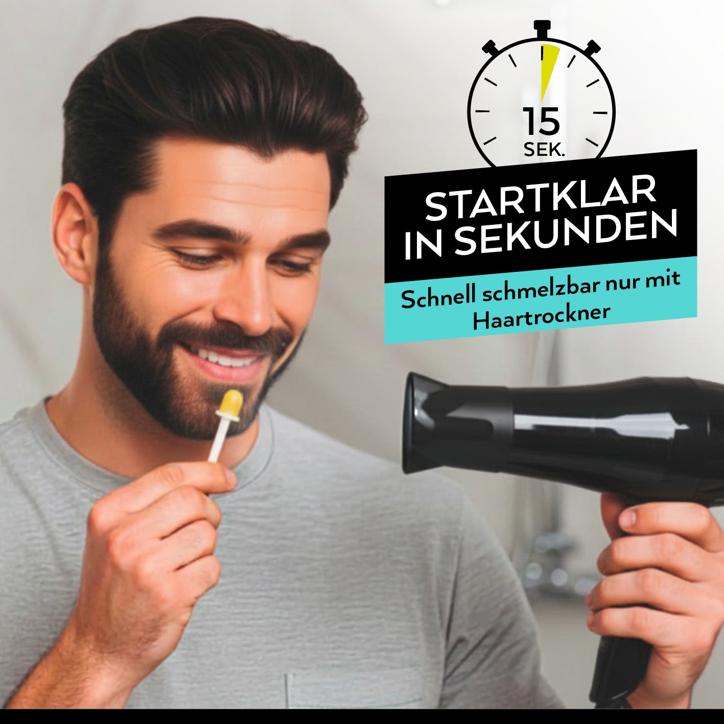 Wachs-Sticks zur Entfernung von Nasen- & Ohrenhaaren - 12er-Set gezeigt als dritter Shot, 1417x1417, schnelle Anwendung mit Haartrockner.